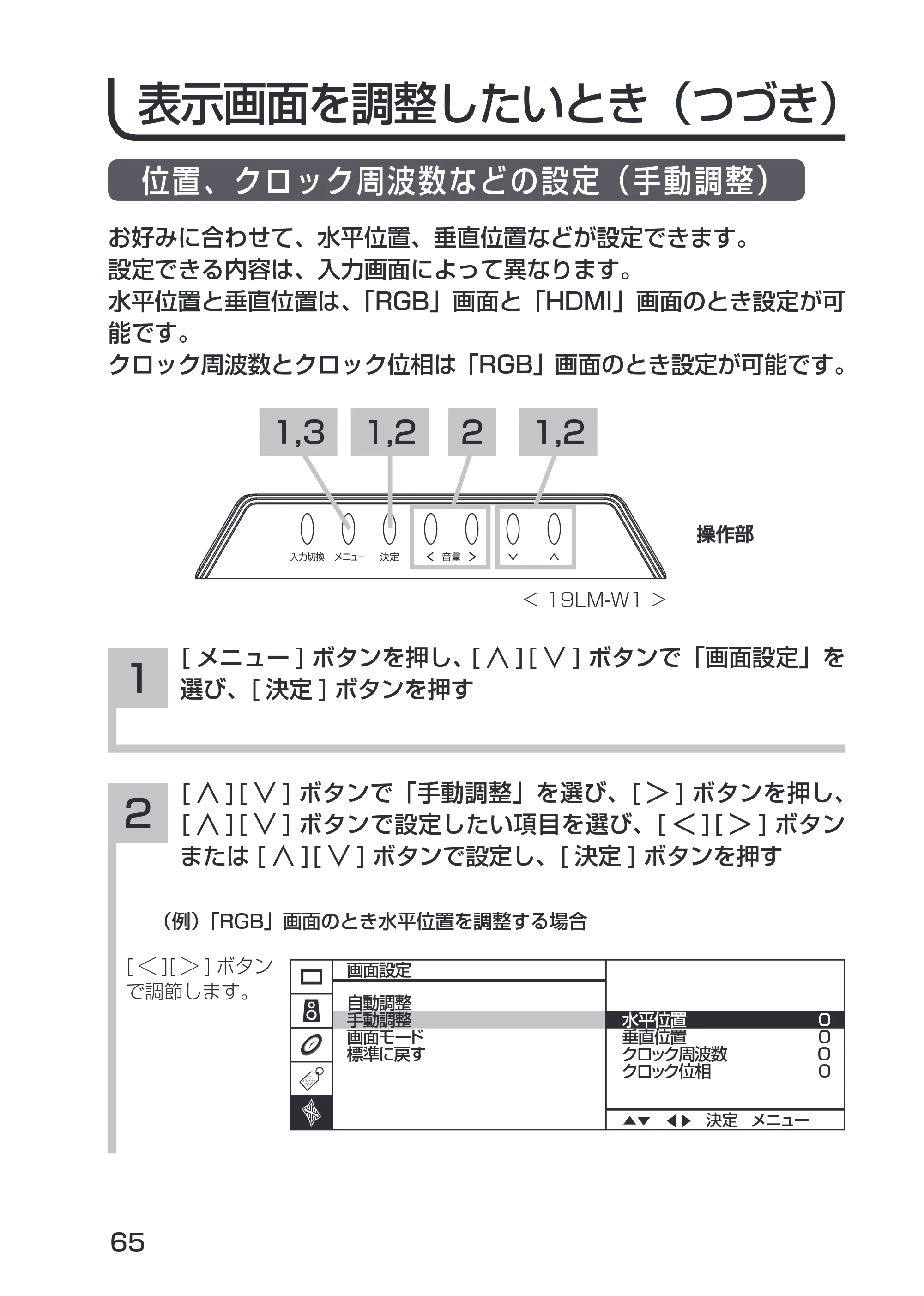 日立 19LM-W1 / 17LM-1 取扱説明書 — 位置、クロック周波数などの設定(手動調整) — 原本ページ — 29ページ