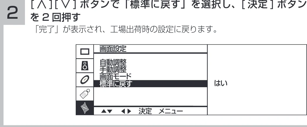 日立 19LM-W1 / 17LM-1 取扱説明書 — 設定した画面を初期設定に戻したいとき — 図版 34-2 — 34ページ