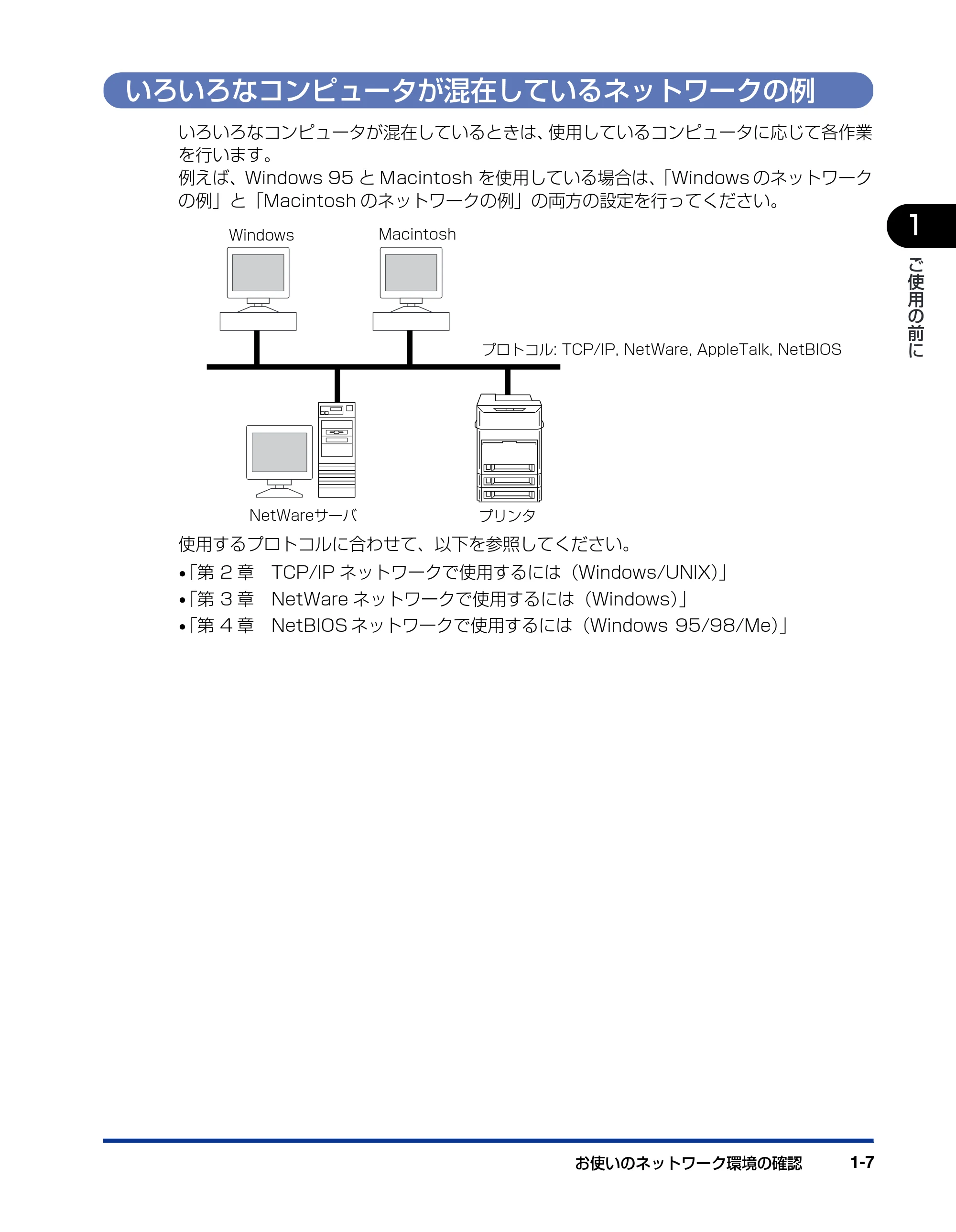 キヤノン LBP-1310 ネットワークガイド/本編 2006年5月25日更新 (PDF形式/4.53Mバイト) — いろいろなコンピュータが混在しているネットワークの例 — 原本ページ — 17ページ