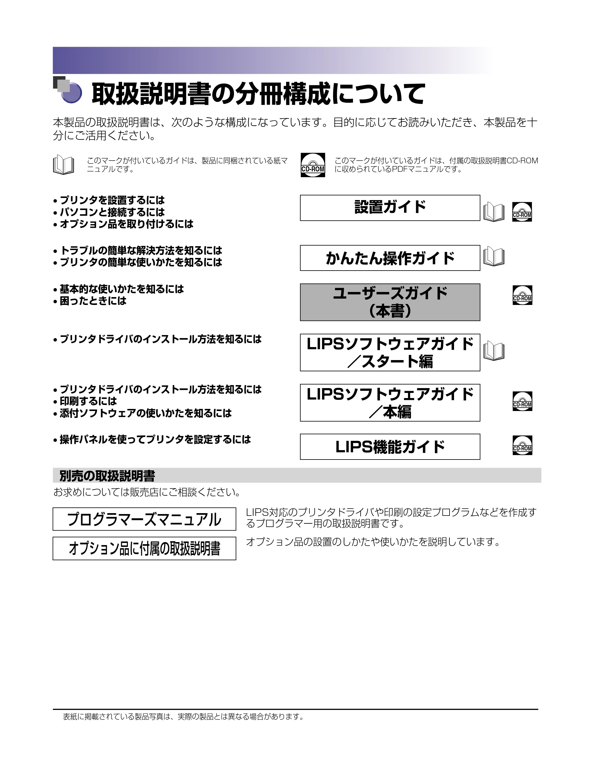 キヤノン LBP-2510 ユーザーズガイド （PDF形式／6.72Mバイト） — 取扱説明書の分冊構成について — 原本ページ — 2ページ