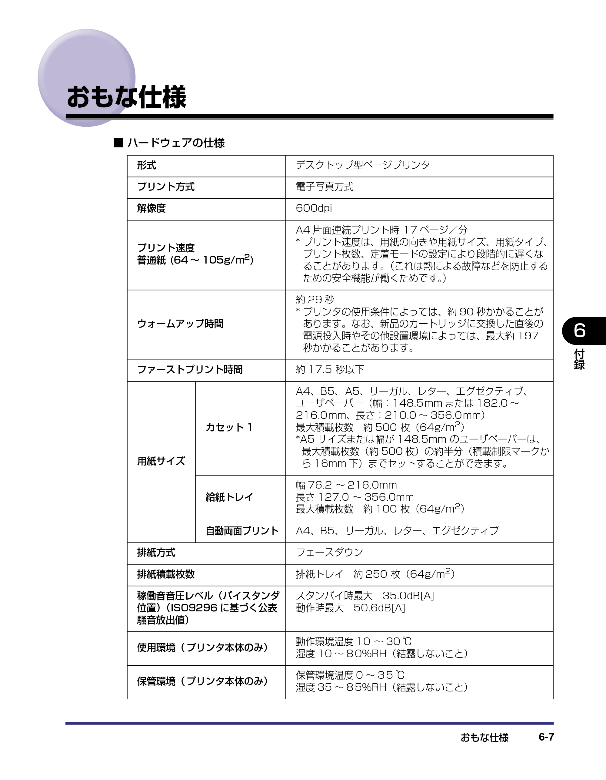 キヤノン LBP-2510 ユーザーズガイド （PDF形式／6.72Mバイト） — おもな仕様 — 原本ページ — 245ページ
