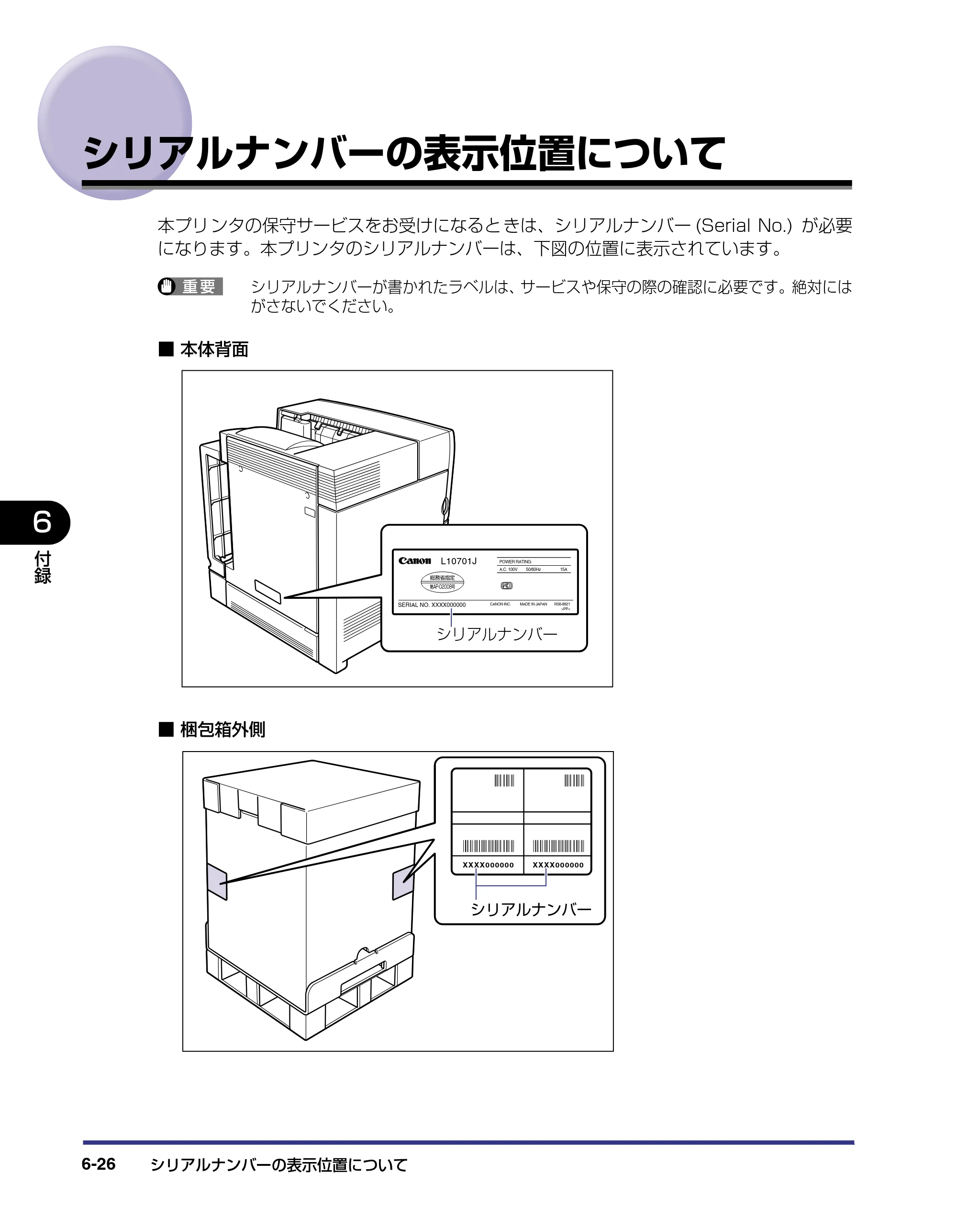 キヤノン LBP-2510 ユーザーズガイド （PDF形式／6.72Mバイト） — シリアルナンバーの表示位置について — 原本ページ — 264ページ