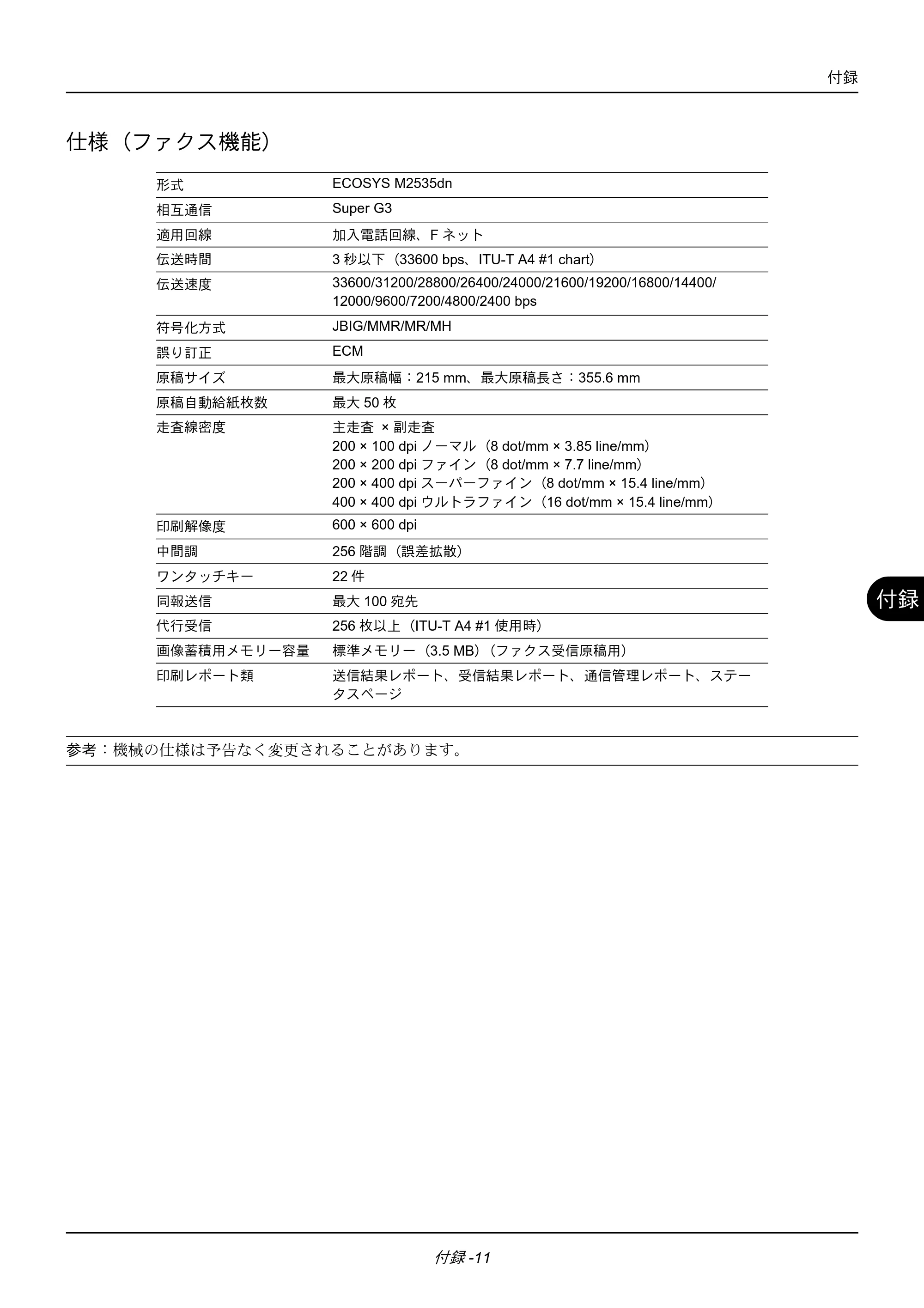 京セラ ECOSYS M2535dn ECOSYS M2535dn FAX使用説明書 — 仕様（ファクス機能） — 原本ページ — 171ページ