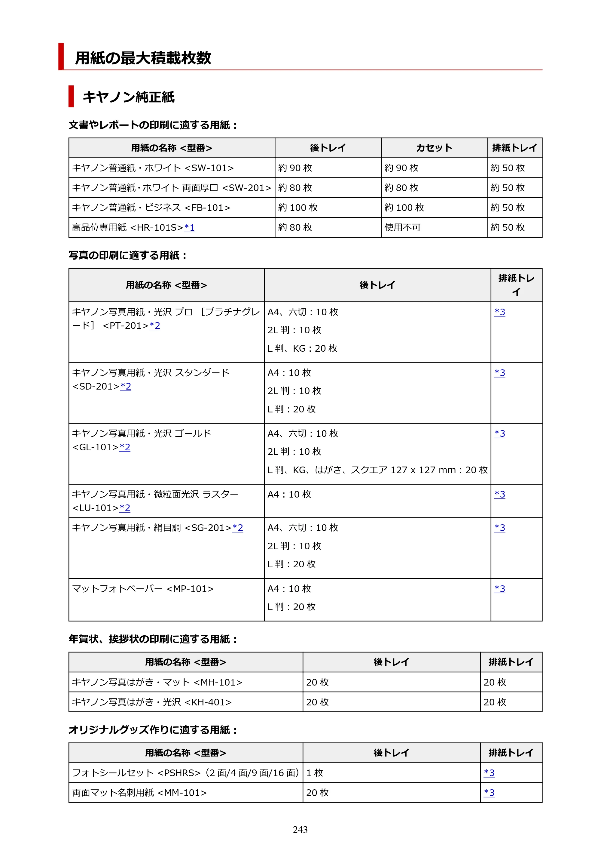 キヤノン PIXUS XK80 オンラインマニュアル PDF版（Windows版） — 用紙の最大積載枚数 — 原本ページ — 243ページ