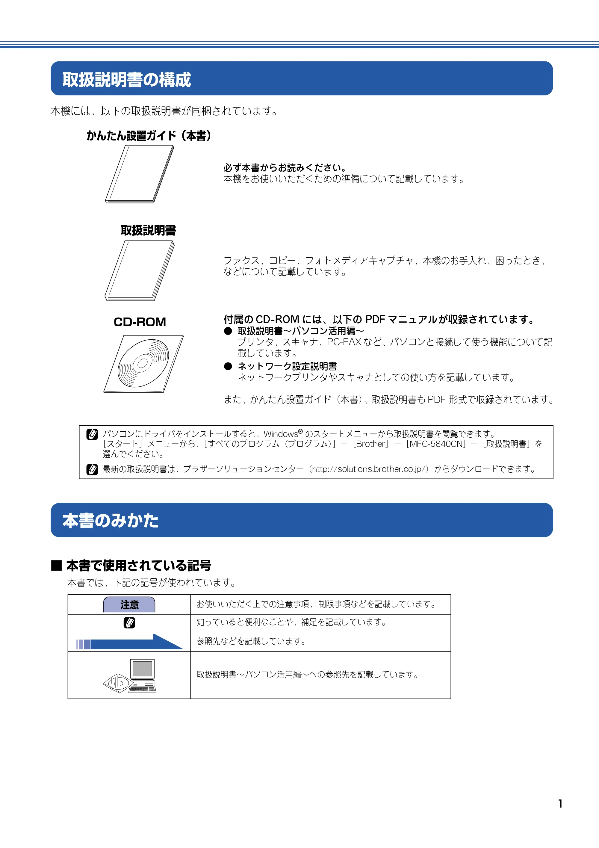 ブラザー MFC-5840CN かんたん設置ガイド — 取扱説明書の構成 — 原本ページ — 2ページ