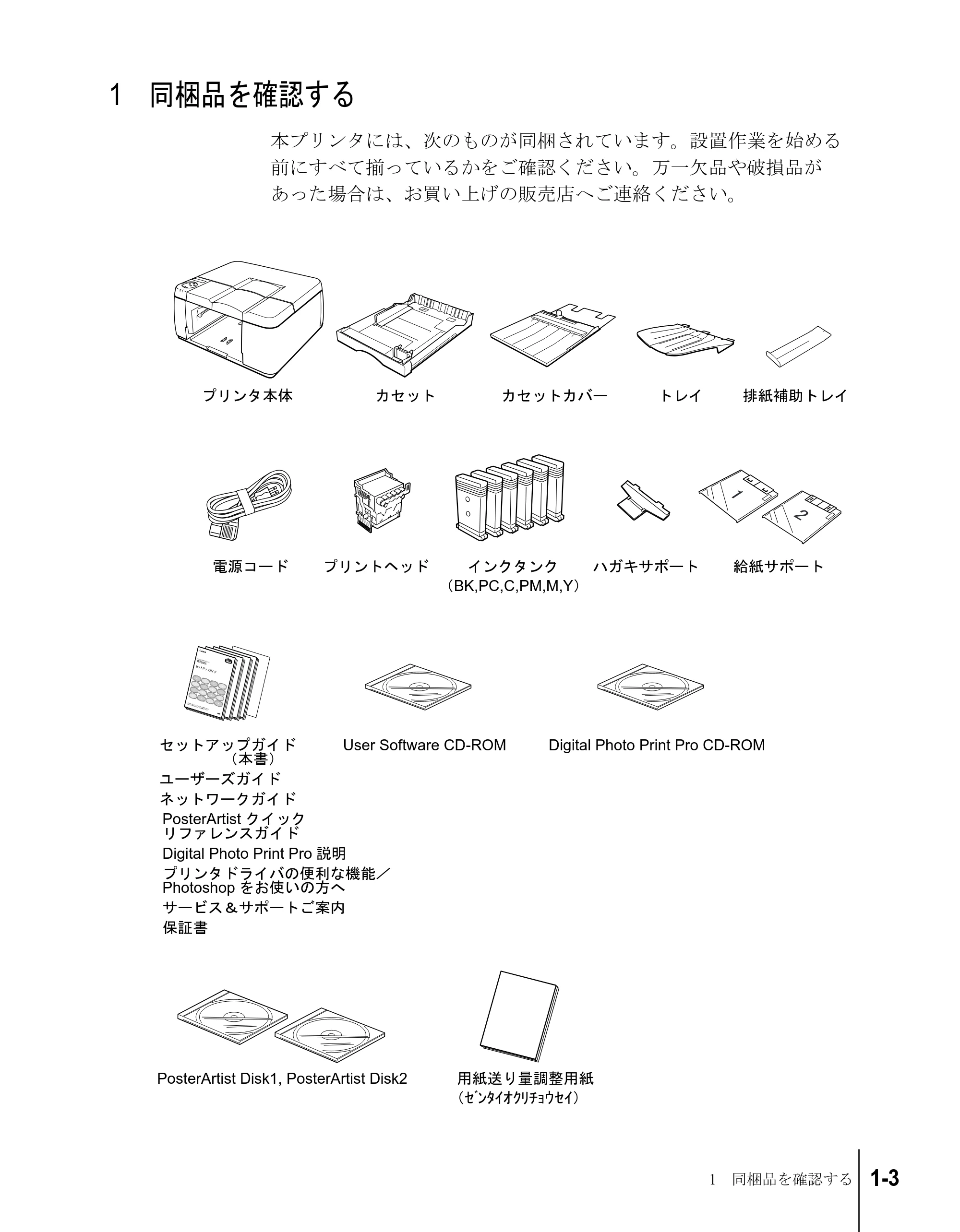 キヤノン W2200S セットアップガイド （PDF形式／7.64Mバイト） — 1 同梱品を確認する — 原本ページ — 15ページ