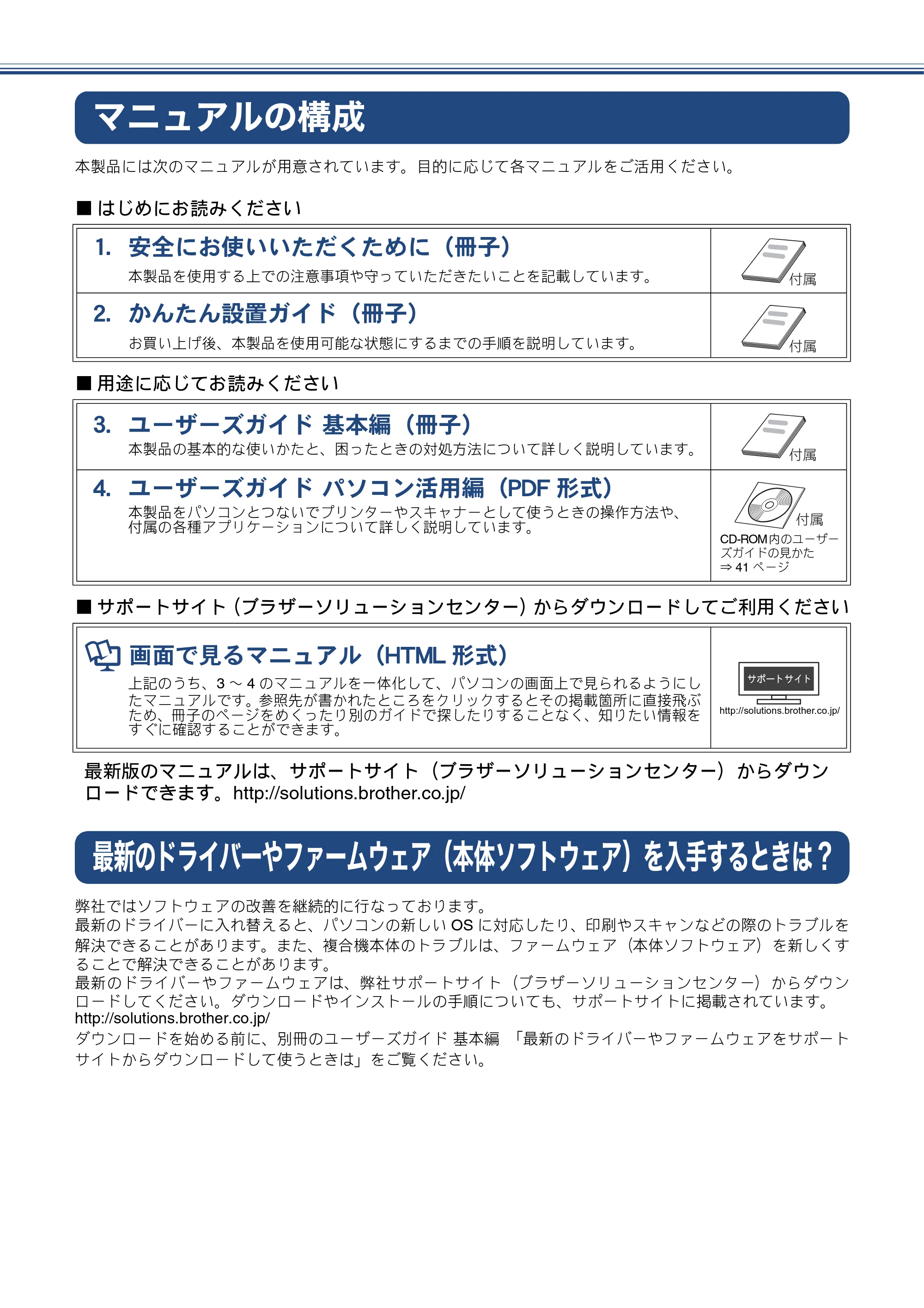 ブラザー MFC-J805D / MFC-J805DW かんたん設置ガイド — マニュアルの構成 — 原本ページ — 2ページ