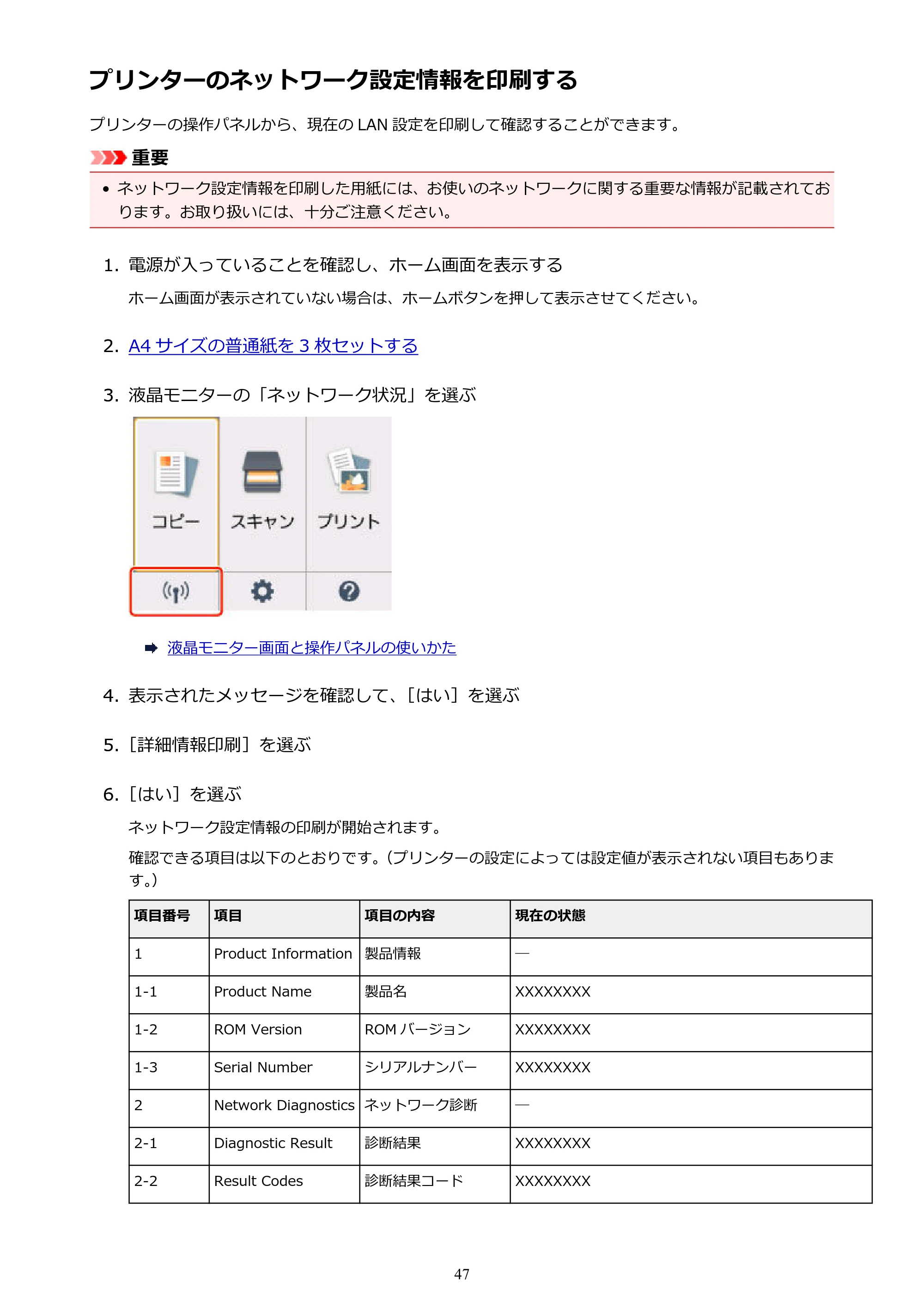 キヤノン PIXUS TS5130S/PIXUS TS5130 PIXUS TS5130 (PDF) オンラインマニュアル - 取扱説明書 - (Windows) 2026年5月21日更新 (PDF:6.0MB) — プリンターのネットワーク設定情報を印刷する — 原本ページ — 47ページ