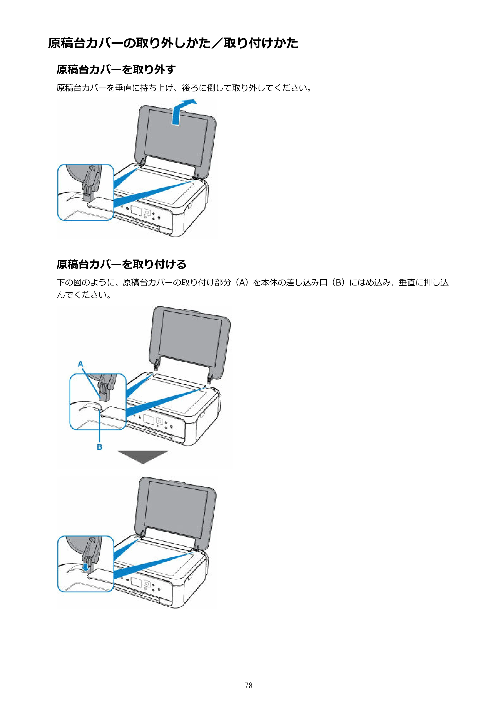キヤノン PIXUS TS5130S/PIXUS TS5130 PIXUS TS5130 (PDF) オンラインマニュアル - 取扱説明書 - (Windows) 2026年5月21日更新 (PDF:6.0MB) — 原稿台カバーの取り外しかた/取り付けかた — 原本ページ — 78ページ