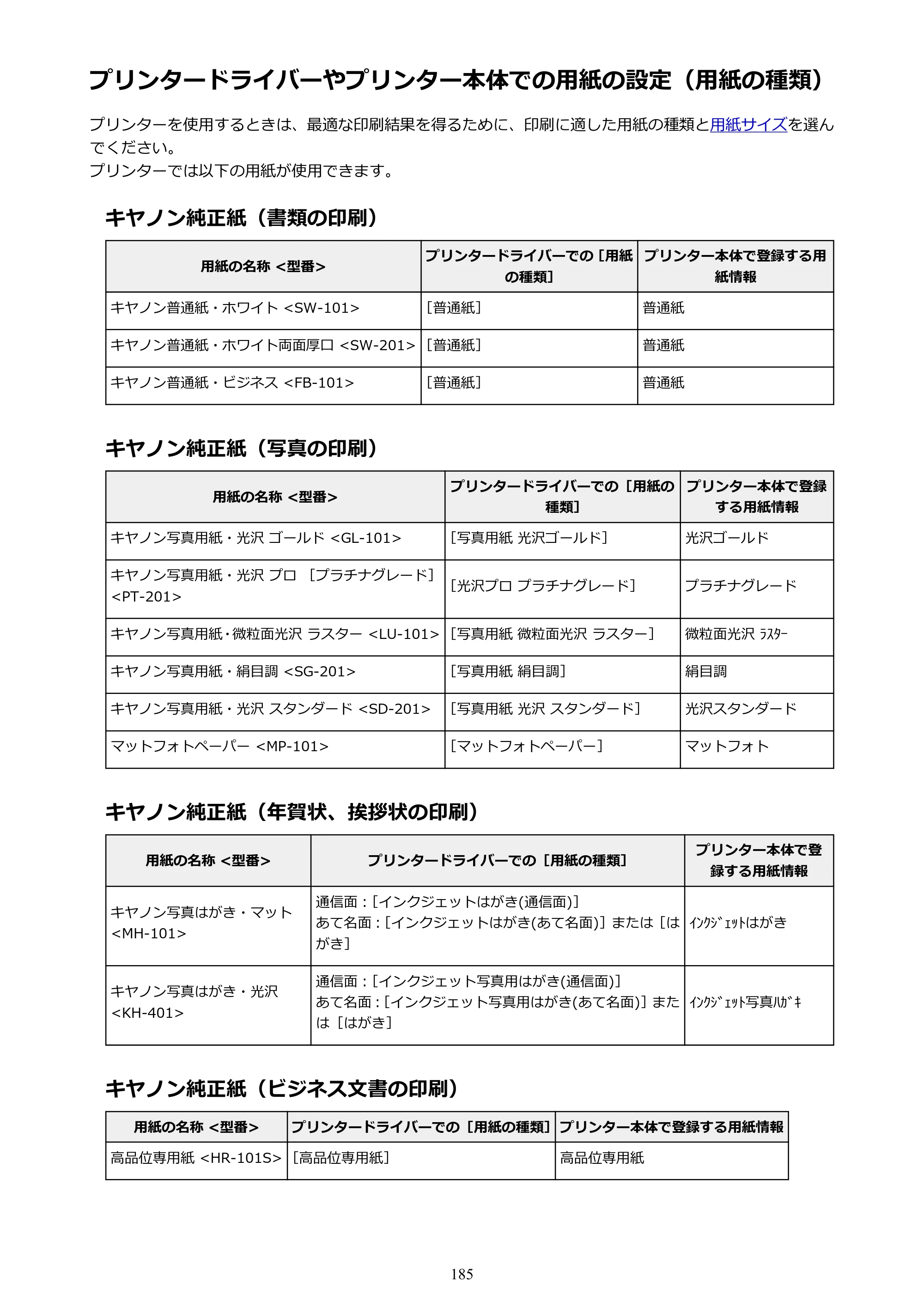 キヤノン PIXUS TS5130S/PIXUS TS5130 PIXUS TS5130 （PDF） オンラインマニュアル - 取扱説明書 - （Windows） 2026年5月21日更新 （PDF：6.0MB） — プリンタードライバーやプリンター本体での用紙の設定（用紙の種類） — 原本ページ — 185ページ