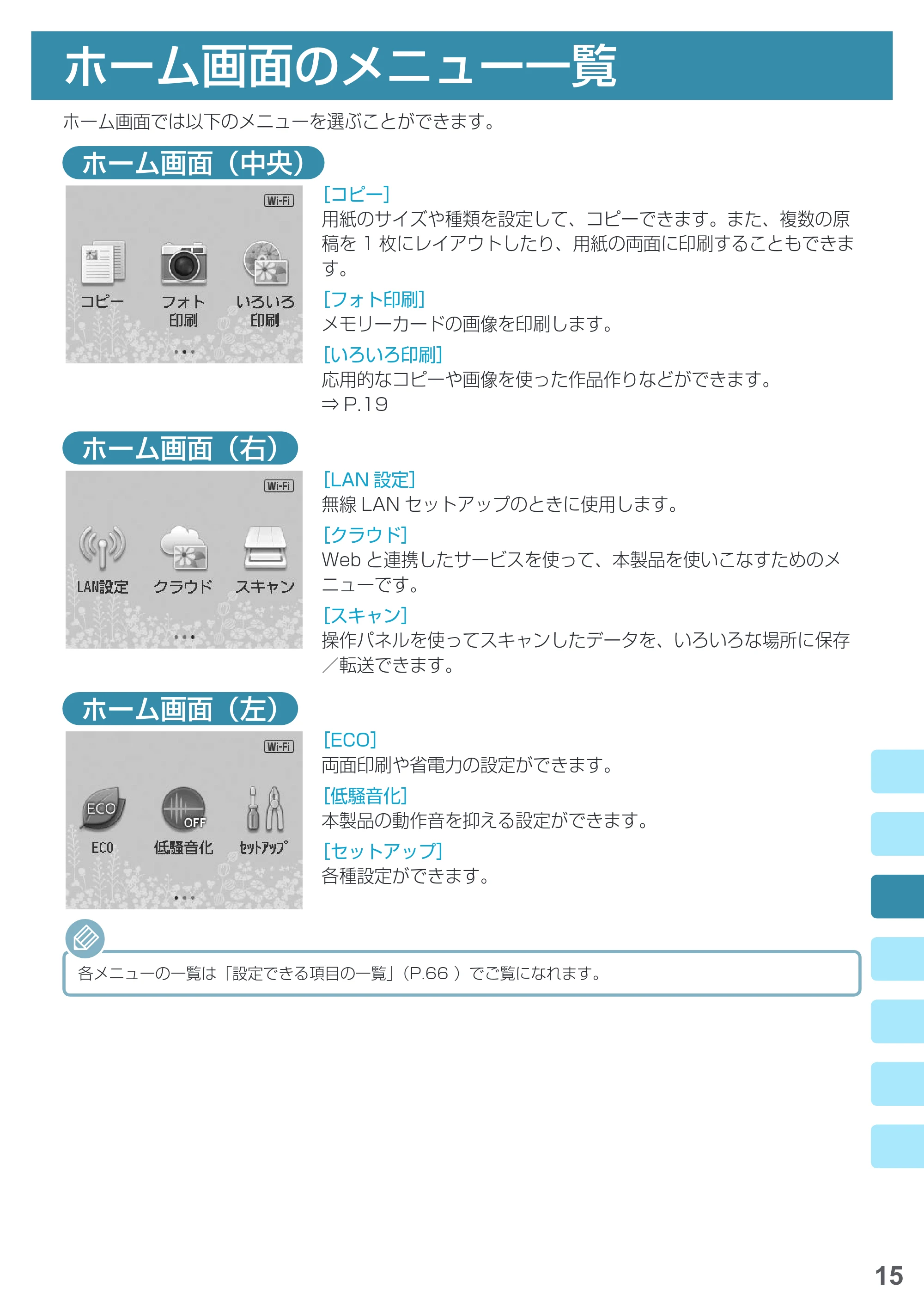 キヤノン PIXUS MG7730F 基本操作マニュアル（PDF：4.48MB） — ホーム画面のメニュー一覧 — 原本ページ — 17ページ