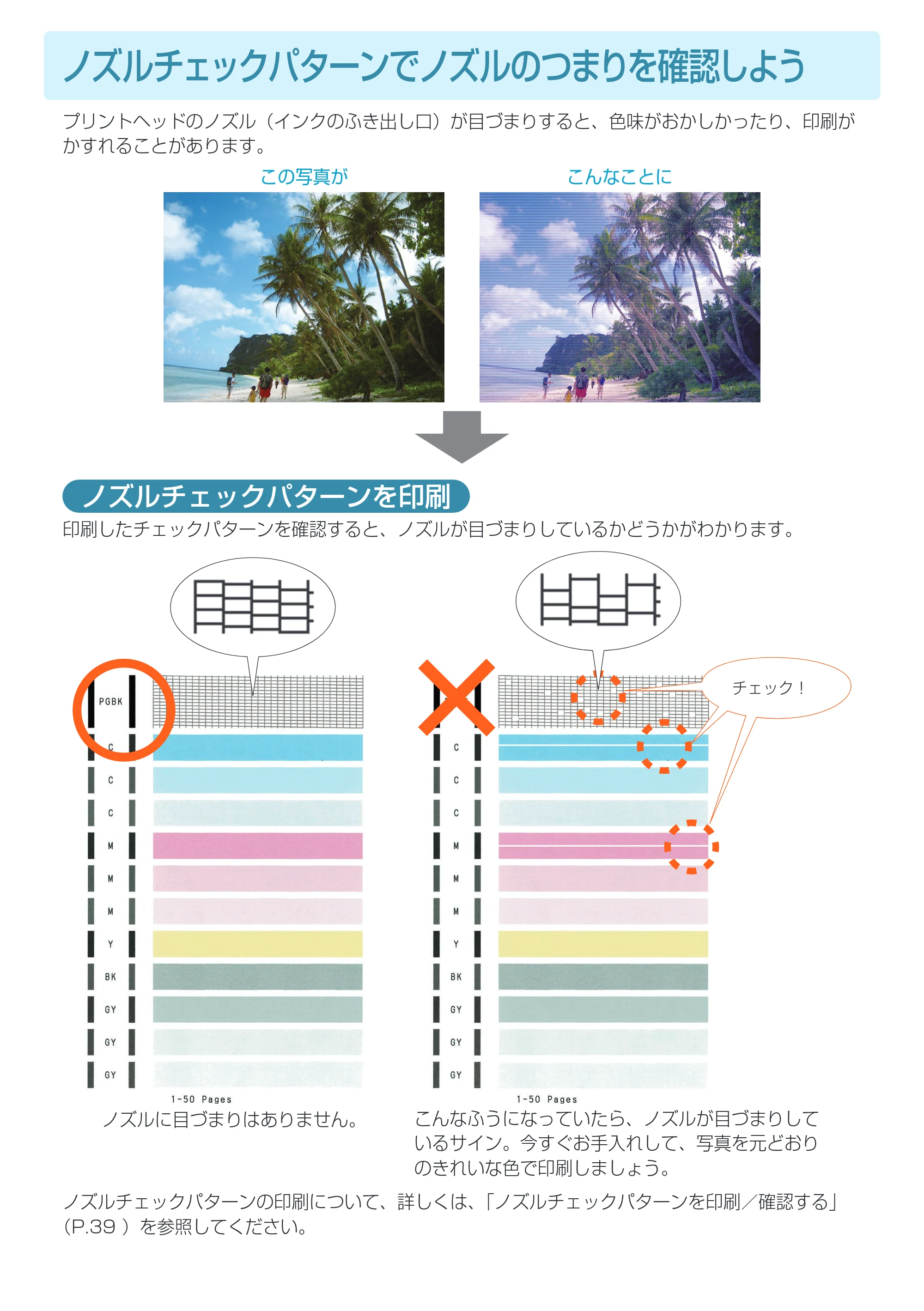 キヤノン PIXUS MG7730F 基本操作マニュアル（PDF：4.48MB） — ノズルチェックパターンでノズルのつまりを確認しよう — 原本ページ — 71ページ