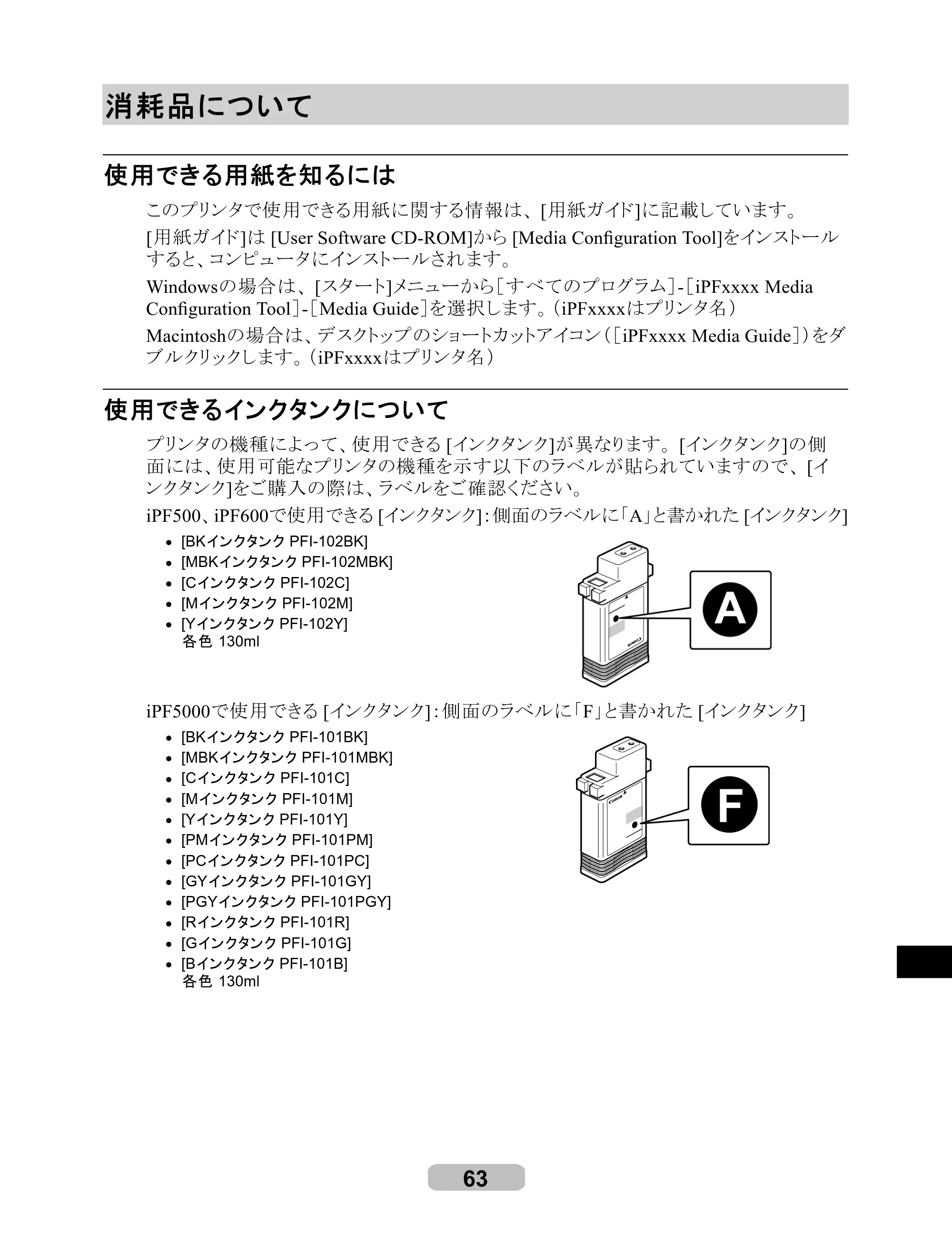 キヤノン iPF500/5000/600 リファレンスガイド（アップデートキット対応版） （PDF形式／4.15Mバイト） — 消耗品について — 原本ページ — 63ページ