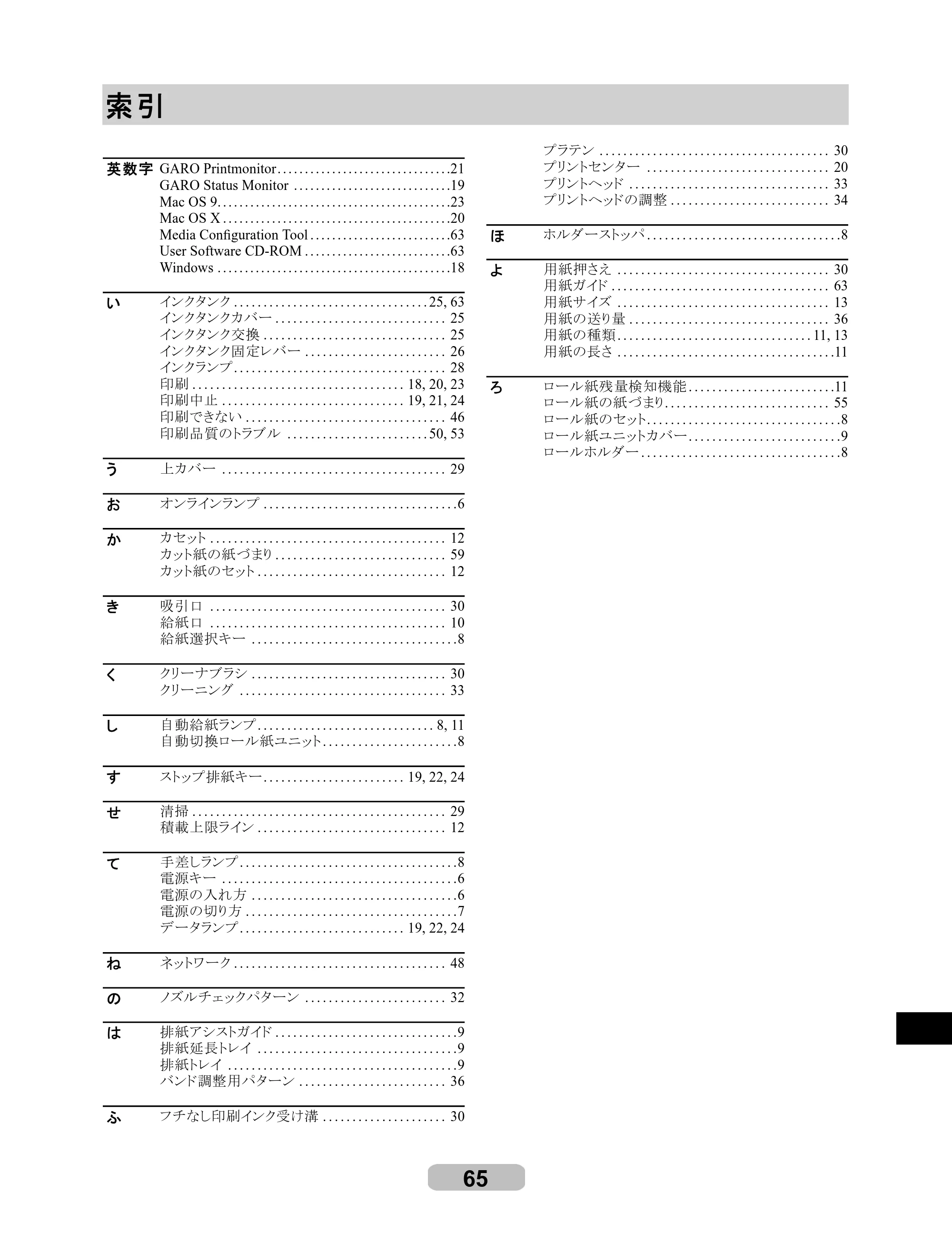 キヤノン iPF500/5000/600 リファレンスガイド（アップデートキット対応版） （PDF形式／4.15Mバイト） — 索引 — 原本ページ — 65ページ