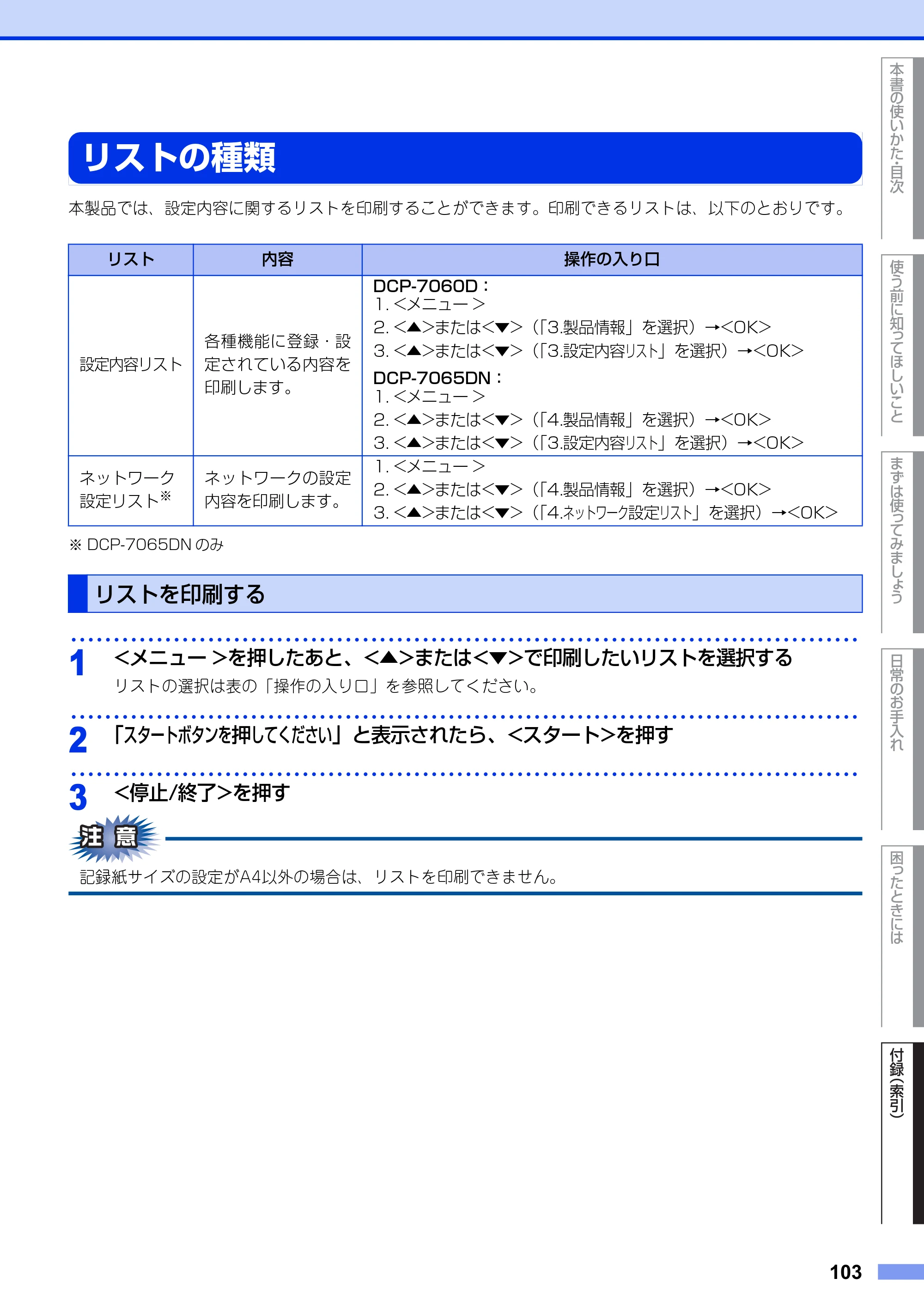 ブラザー DCP-7060D / DCP-7065DN ユーザーズガイド ～基本編～ — リストの種類 — 原本ページ — 103ページ