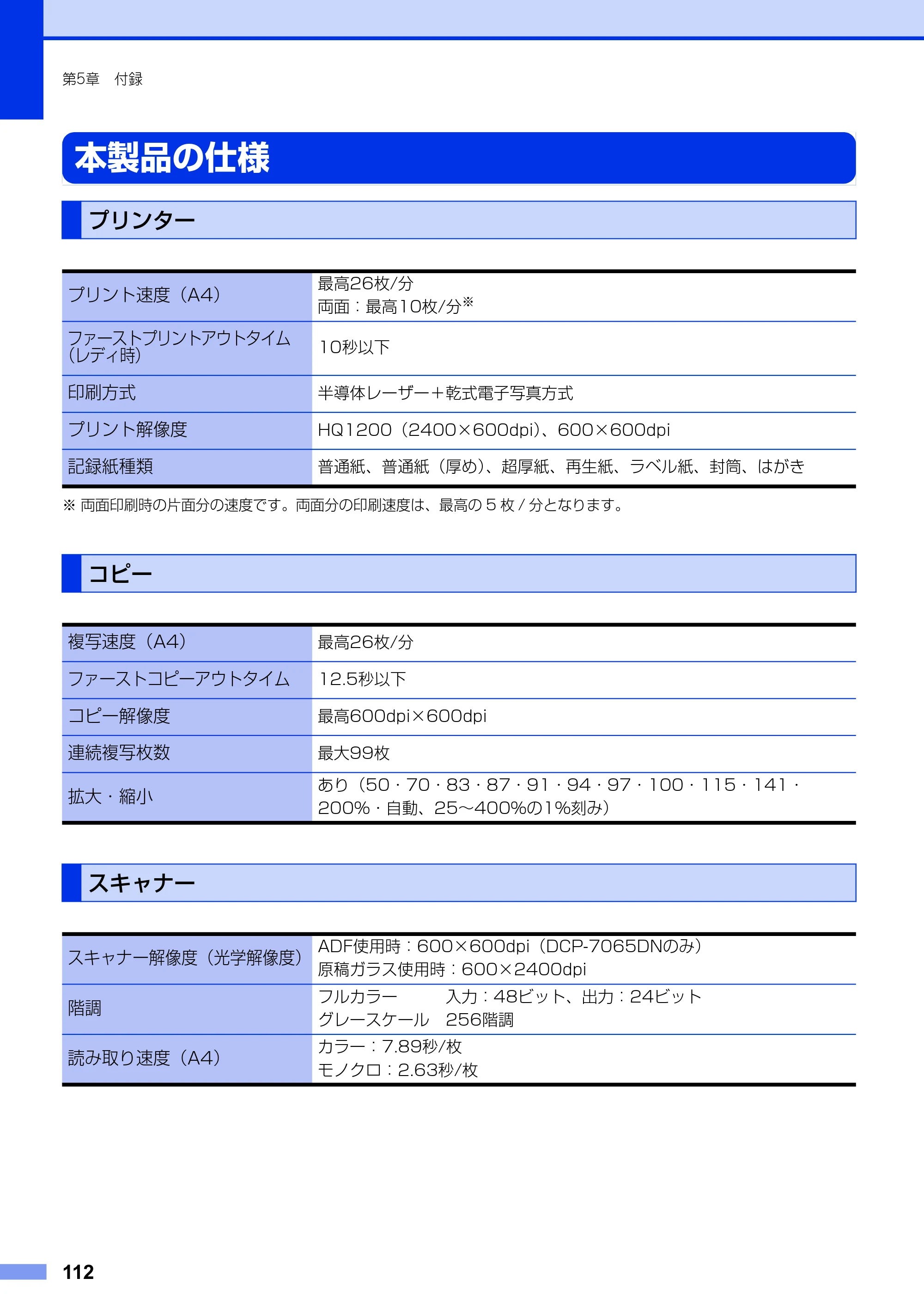 ブラザー DCP-7060D / DCP-7065DN ユーザーズガイド ～基本編～ — 本製品の仕様 — 原本ページ — 112ページ