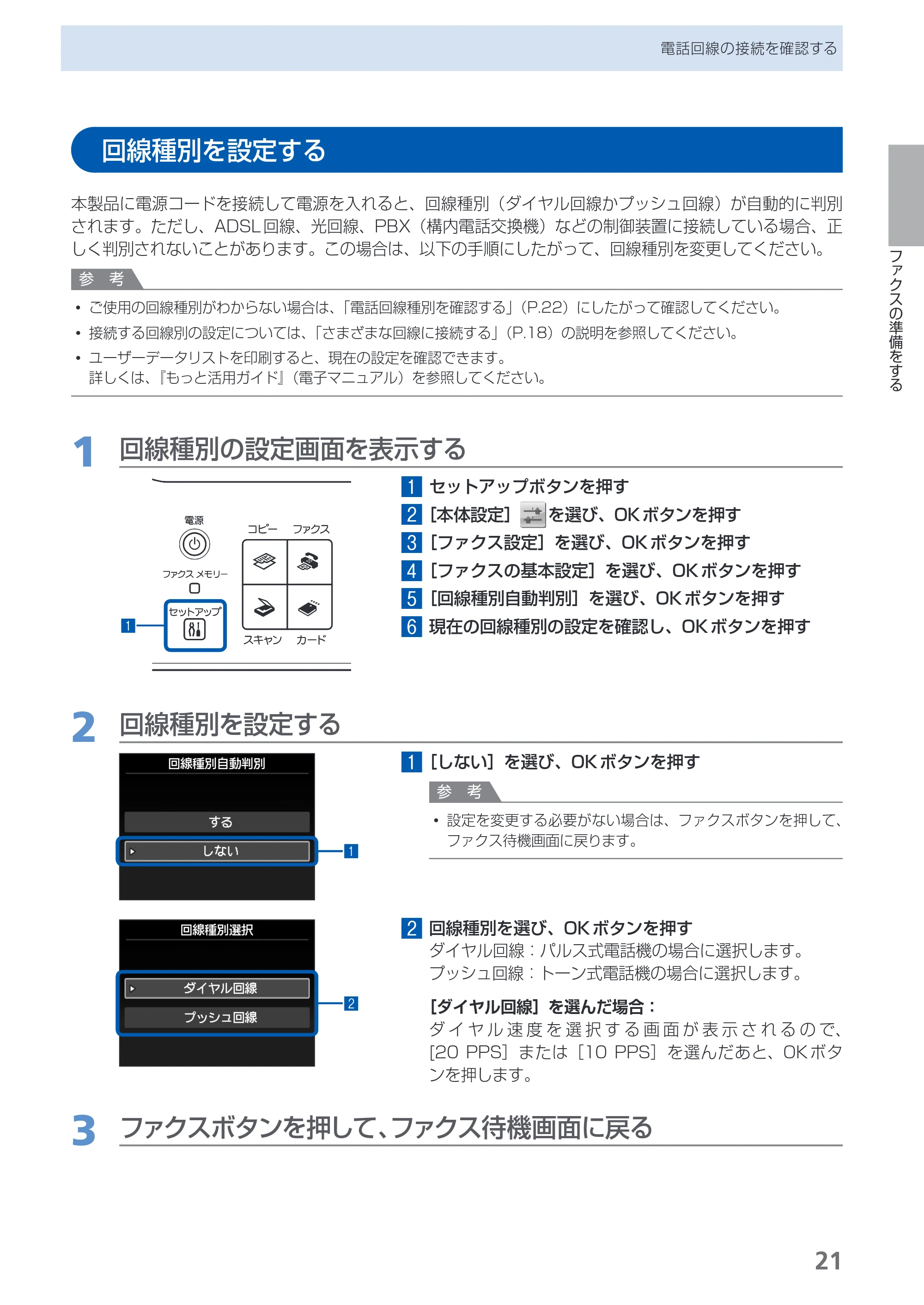 キヤノン PIXUS MX420 らくらく操作ガイド （PDF形式／23.93Mバイト） — 回線種別を設定する — 原本ページ — 23ページ