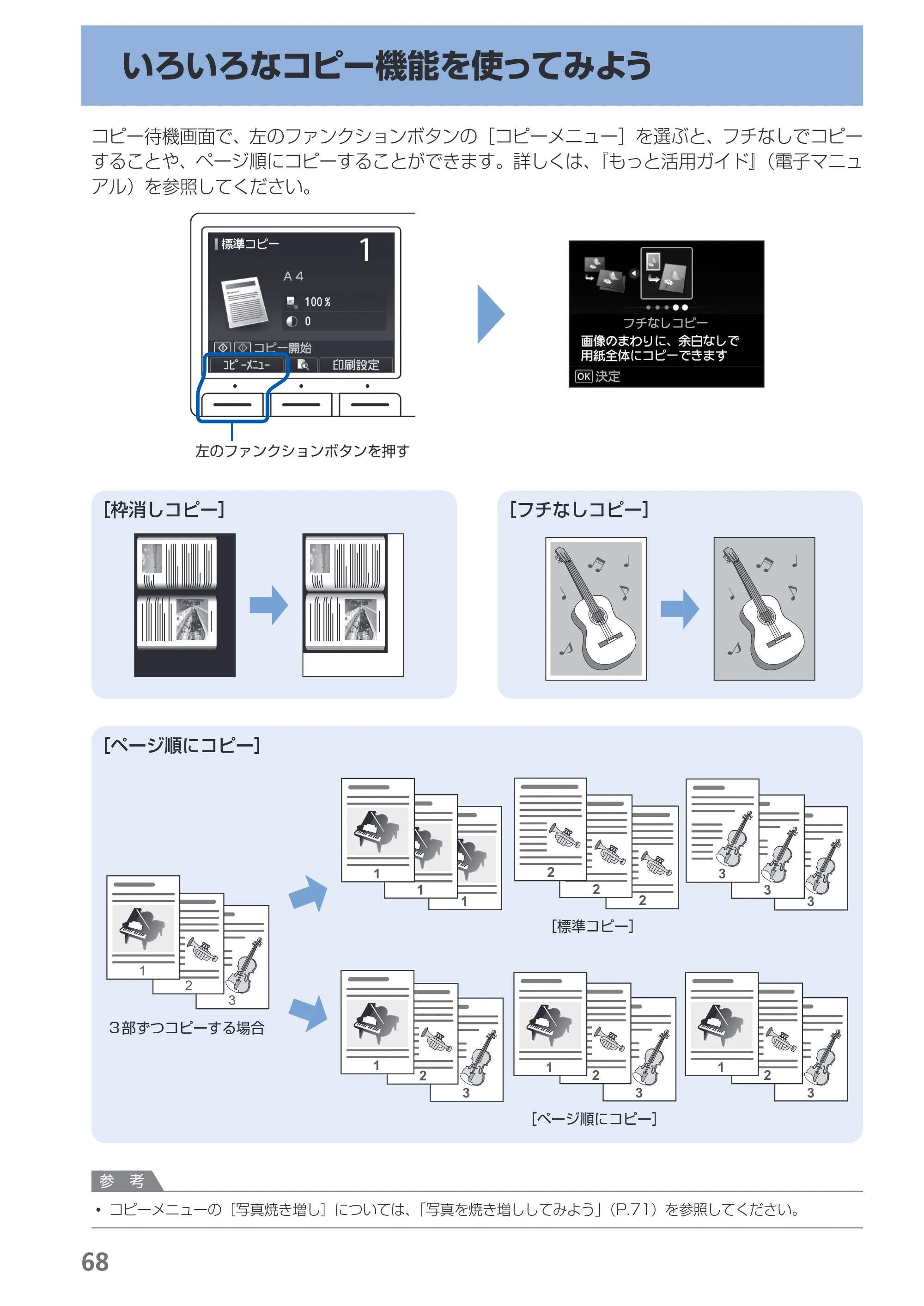 キヤノン PIXUS MX420 らくらく操作ガイド (PDF形式/23.93Mバイト) — いろいろなコピー機能を使ってみよう — 原本ページ — 70ページ