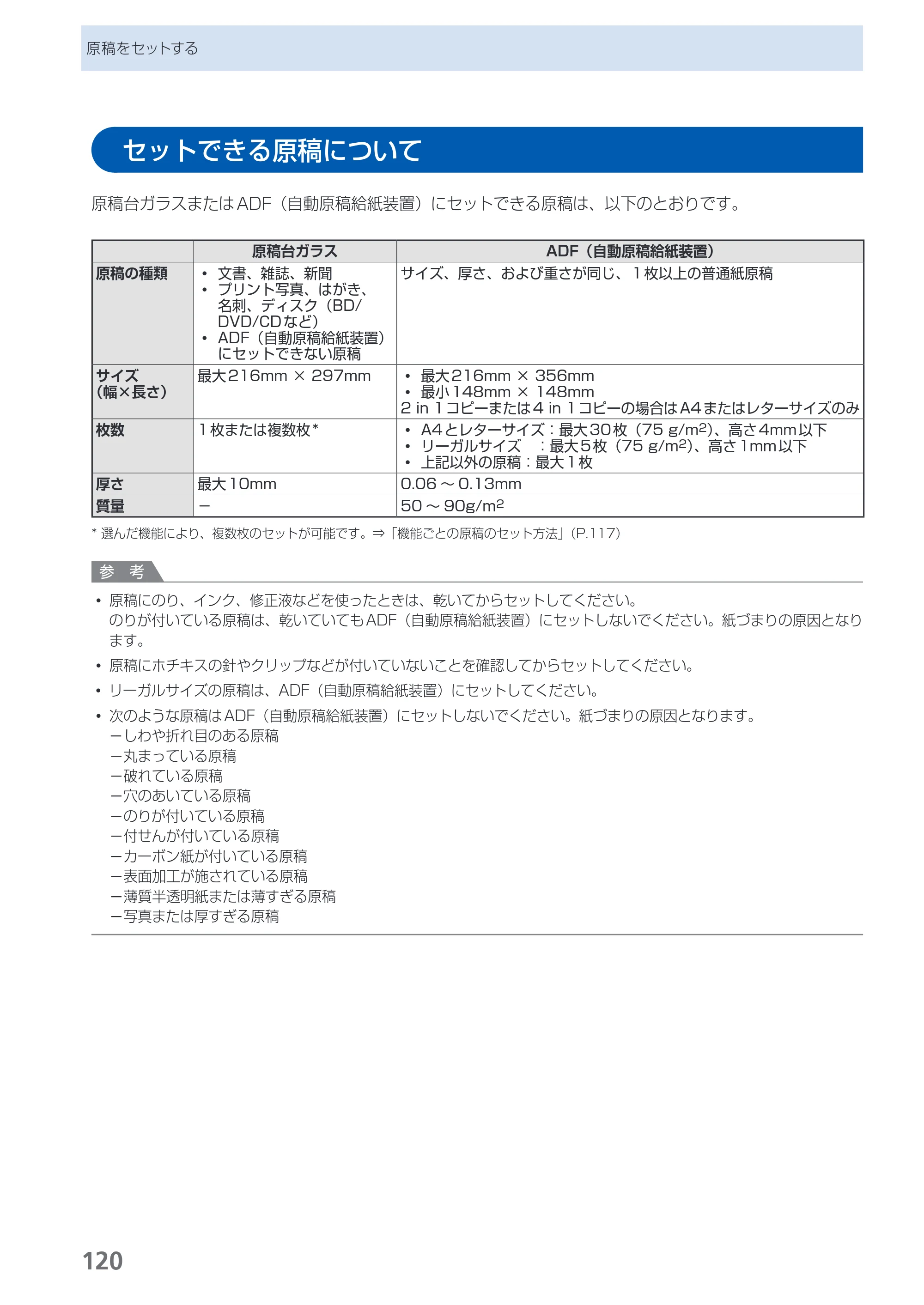 キヤノン PIXUS MX420 らくらく操作ガイド （PDF形式／23.93Mバイト） — セットできる原稿について — 原本ページ — 122ページ