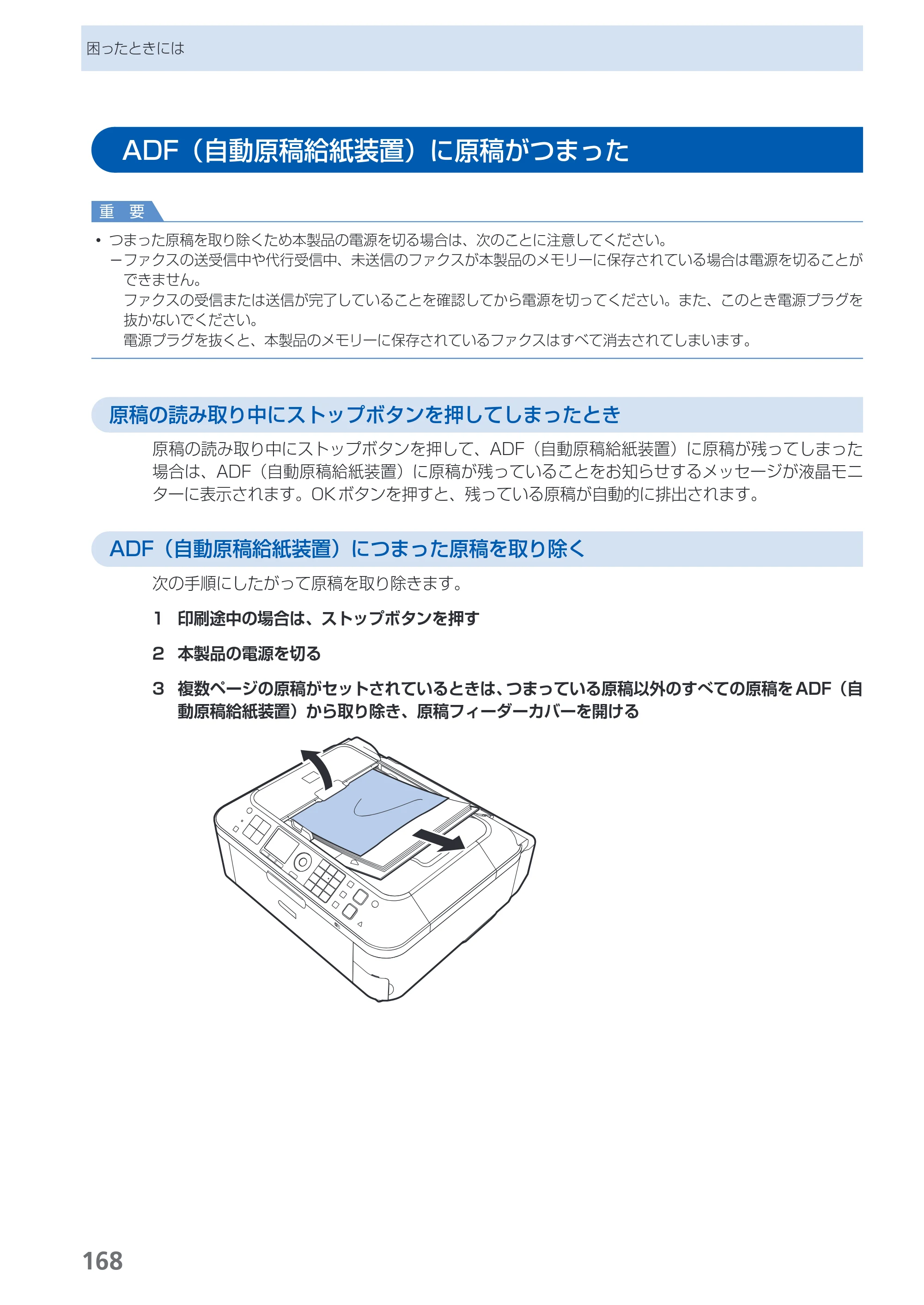 キヤノン PIXUS MX420 らくらく操作ガイド （PDF形式／23.93Mバイト） — ADF（自動原稿給紙装置）に原稿がつまった — 原本ページ — 170ページ