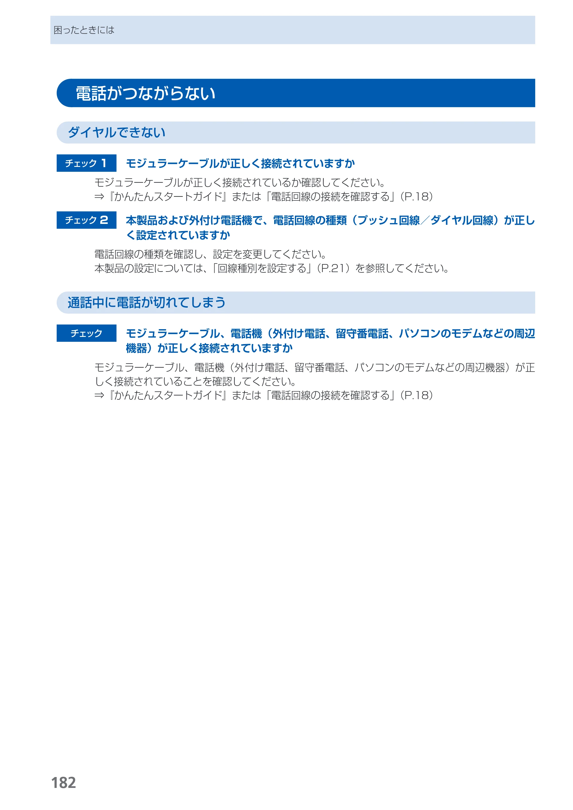 キヤノン PIXUS MX420 らくらく操作ガイド （PDF形式／23.93Mバイト） — 電話がつながらない — 原本ページ — 184ページ