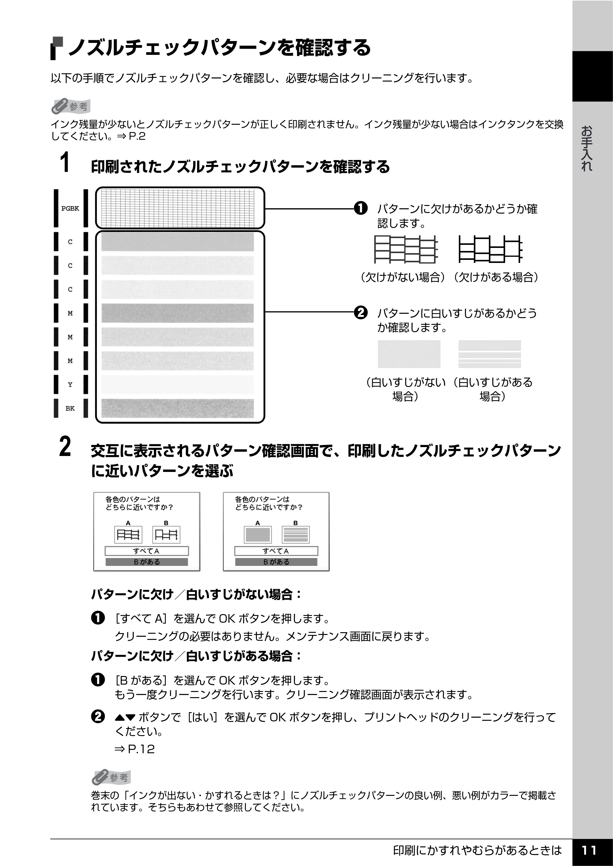 キヤノン PIXUS MX850 操作ガイド (お手入れ・困ったときには編) (PDF形式/8.77Mバイト) — ノズルチェックパターンを確認する — 原本ページ — 12ページ