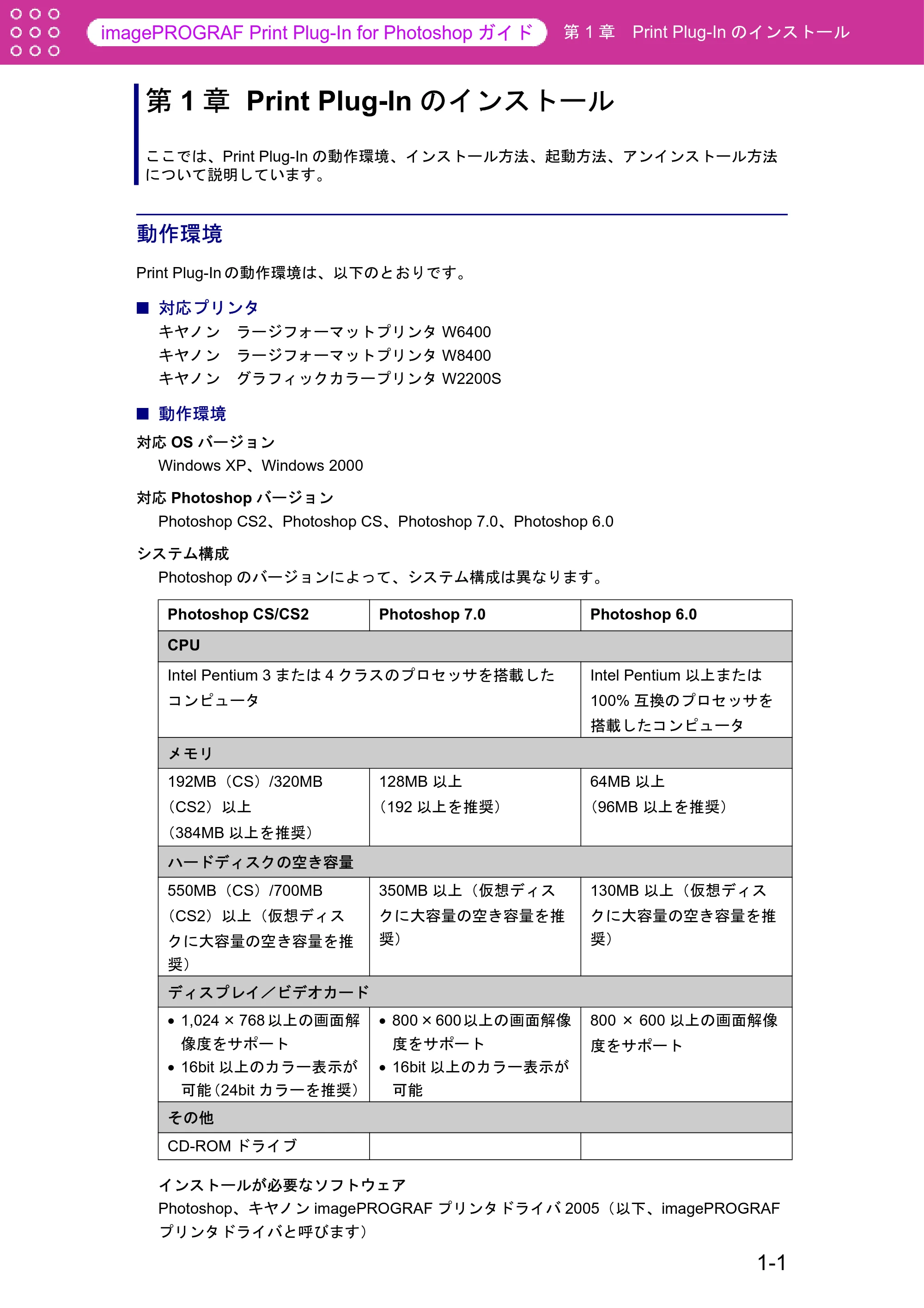 キヤノン W8400 PGインクモデル/染料インクモデル 共通マニュアル Print Plug-ln for PhotoShop (Windows用) (PDF形式/9.91Mバイト) — 第1章 Print Plug-Inのインストール — 原本ページ — 5ページ