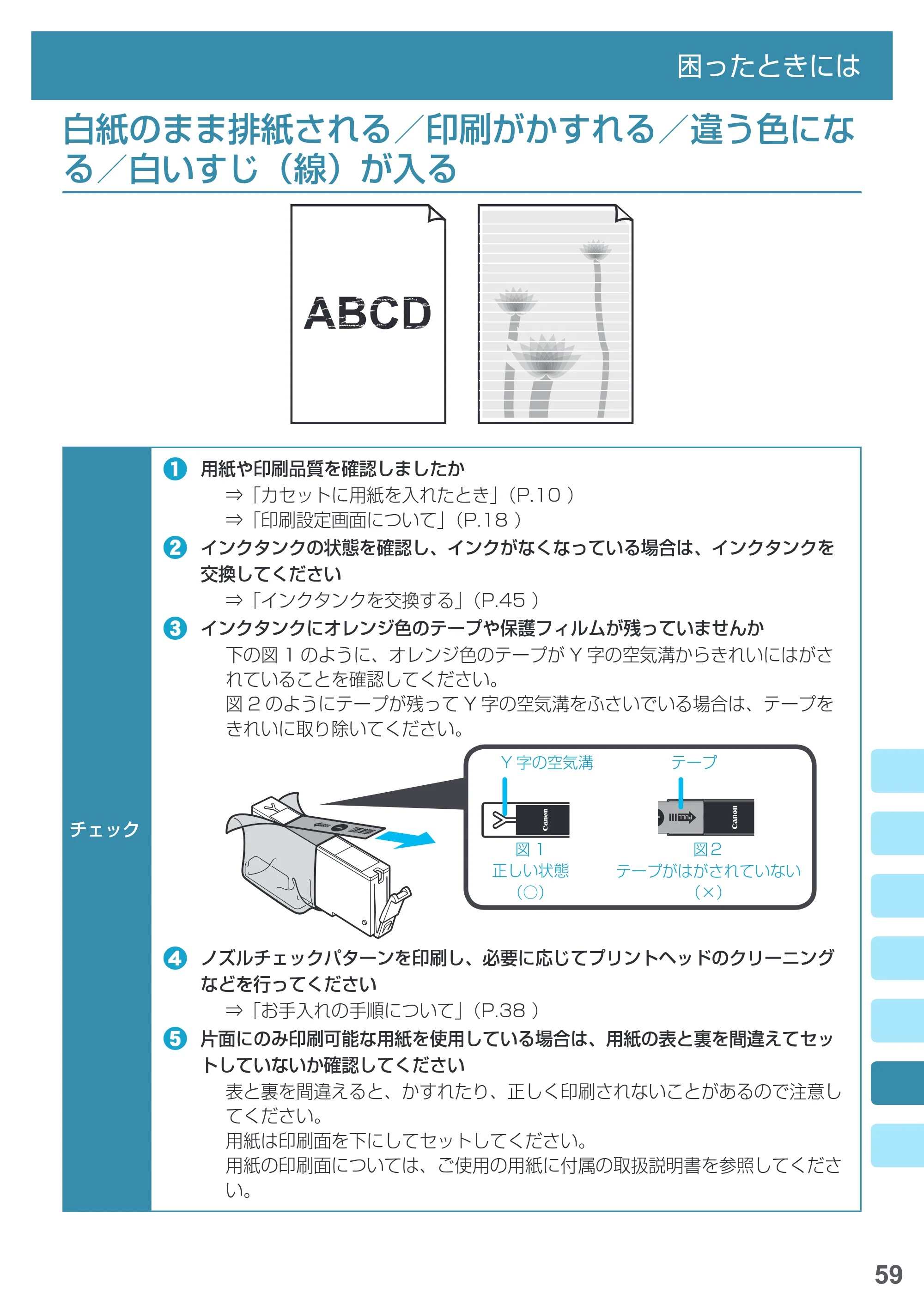キヤノン PIXUS MG7730 基本操作マニュアル（PDF：4.44MB） — 白紙のまま排紙される／印刷がかすれる／違う色になる／白いすじ（線）が入る — 原本ページ — 61ページ