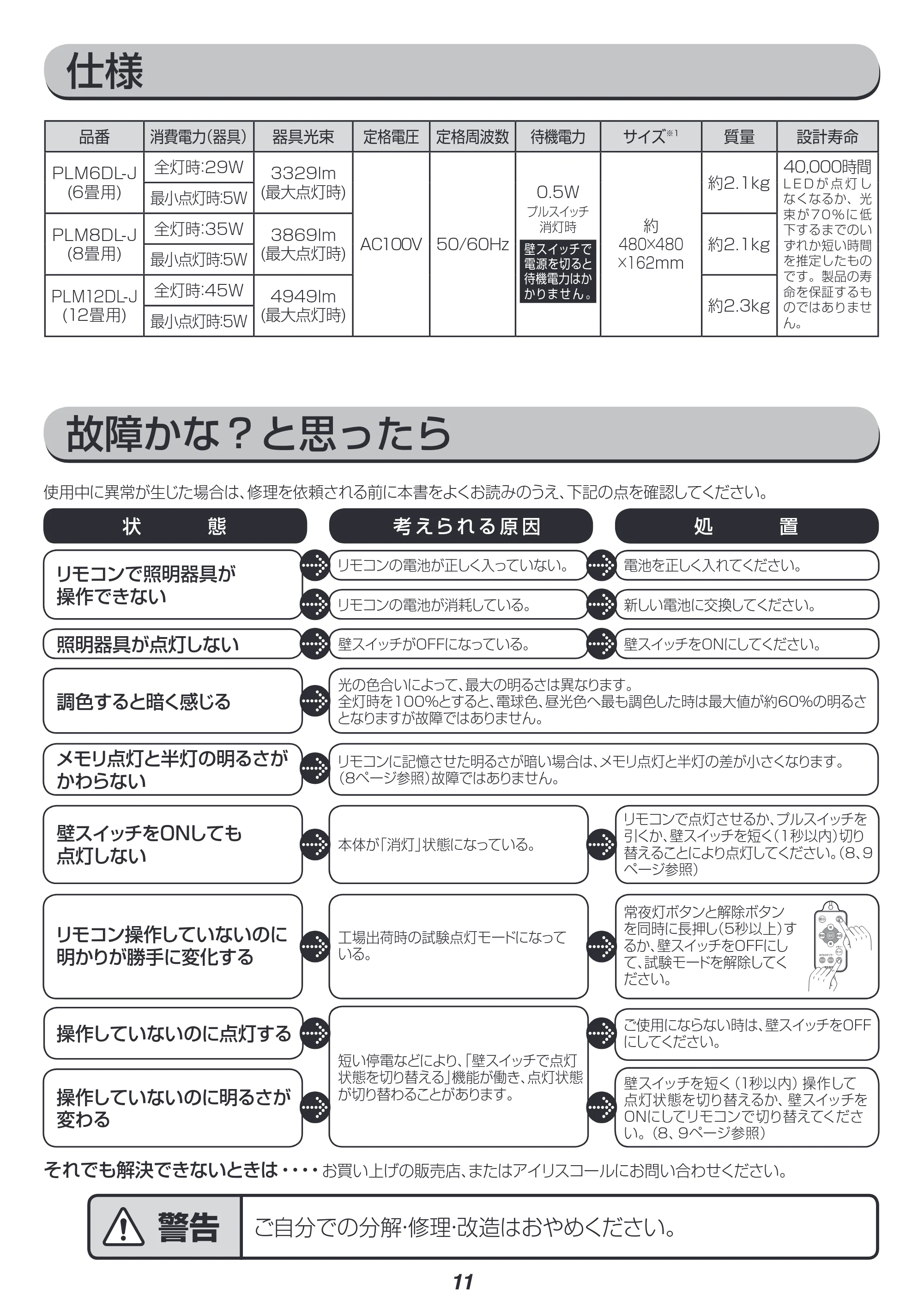 アイリスオーヤマ PLM8DL-J 取扱説明書 — 原本ページ — 11ページ