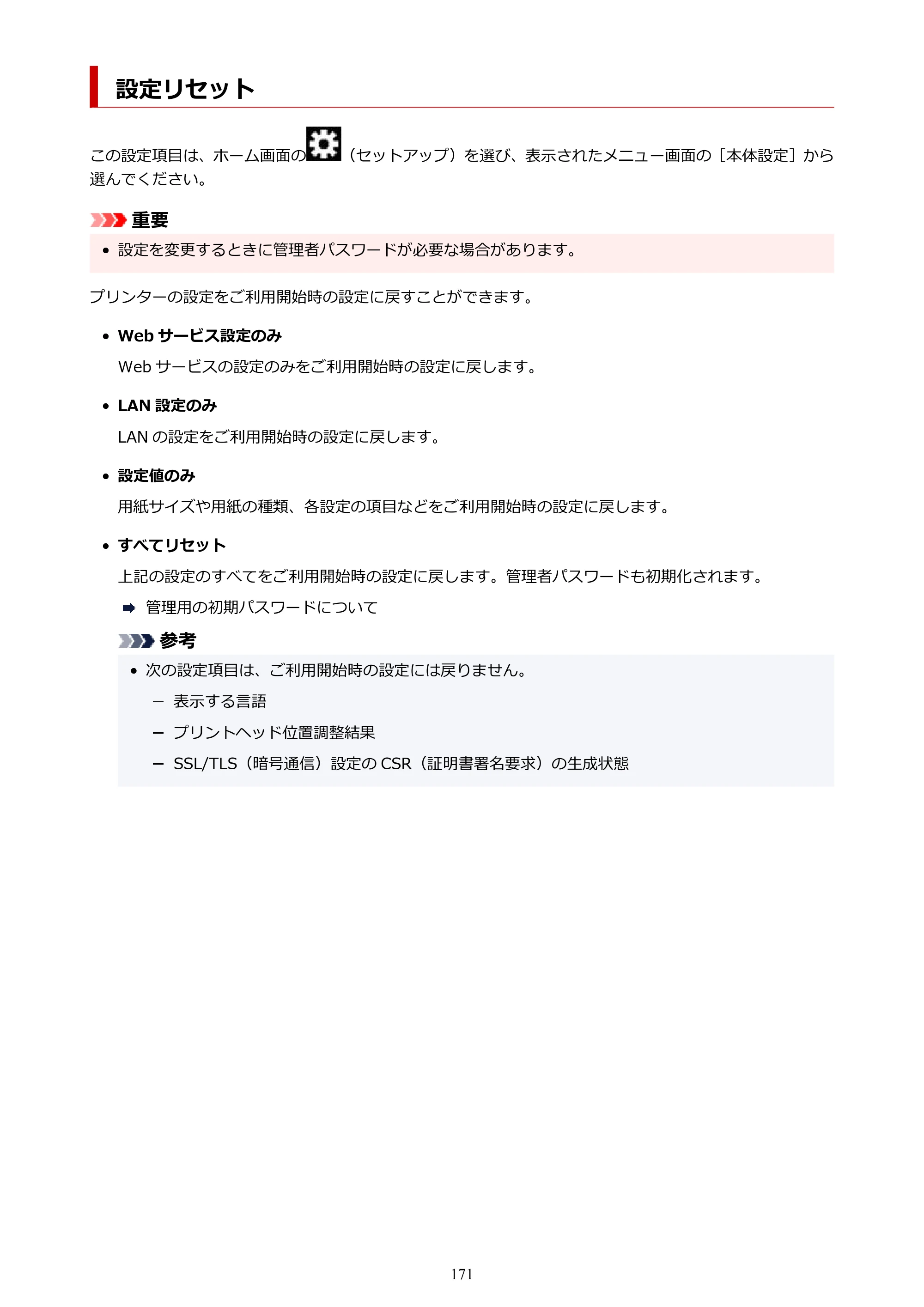 キヤノン TR163 TR163 （PDF） オンラインマニュアル 取扱説明書 2026年5月21日掲載（PDF：4.7MB） — 設定リセット — 原本ページ — 171ページ