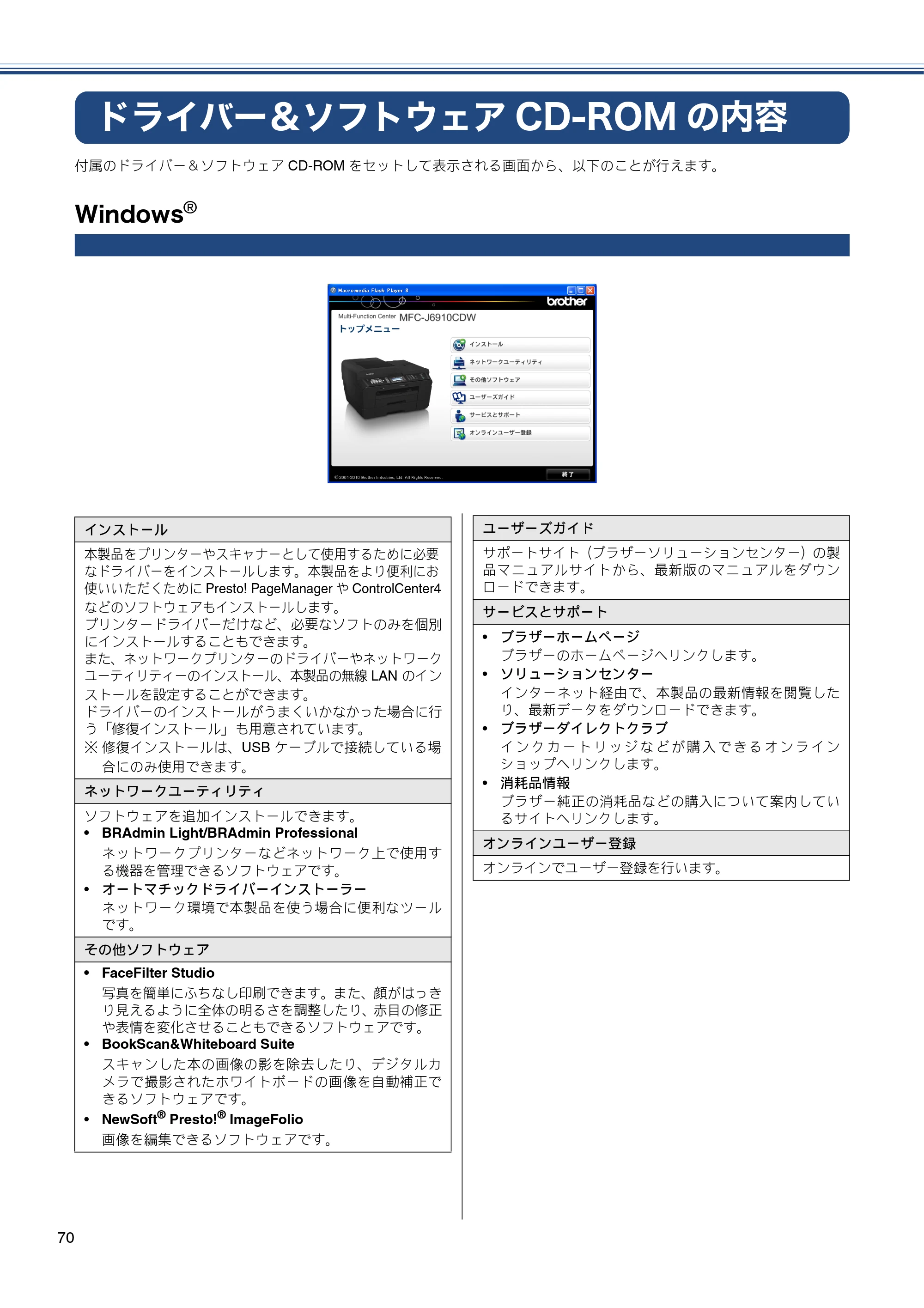 ブラザー MFC-J6910CDW かんたん設置ガイド — ドライバー＆ソフトウェアCD-ROMの内容 — 原本ページ — 72ページ