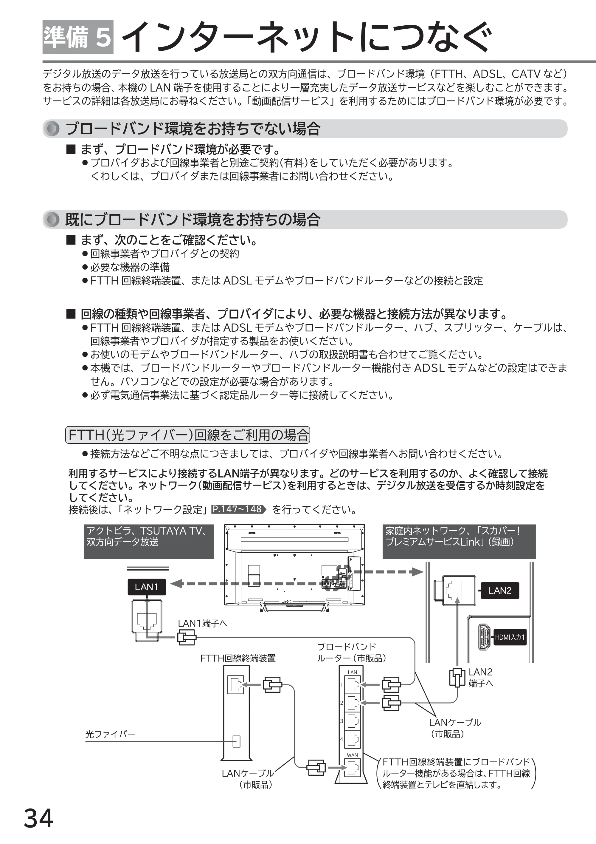 日立 L49-ZP3 / L55-ZP3 取扱説明書 — 準備5 インターネットにつなぐ — 原本ページ — 34ページ