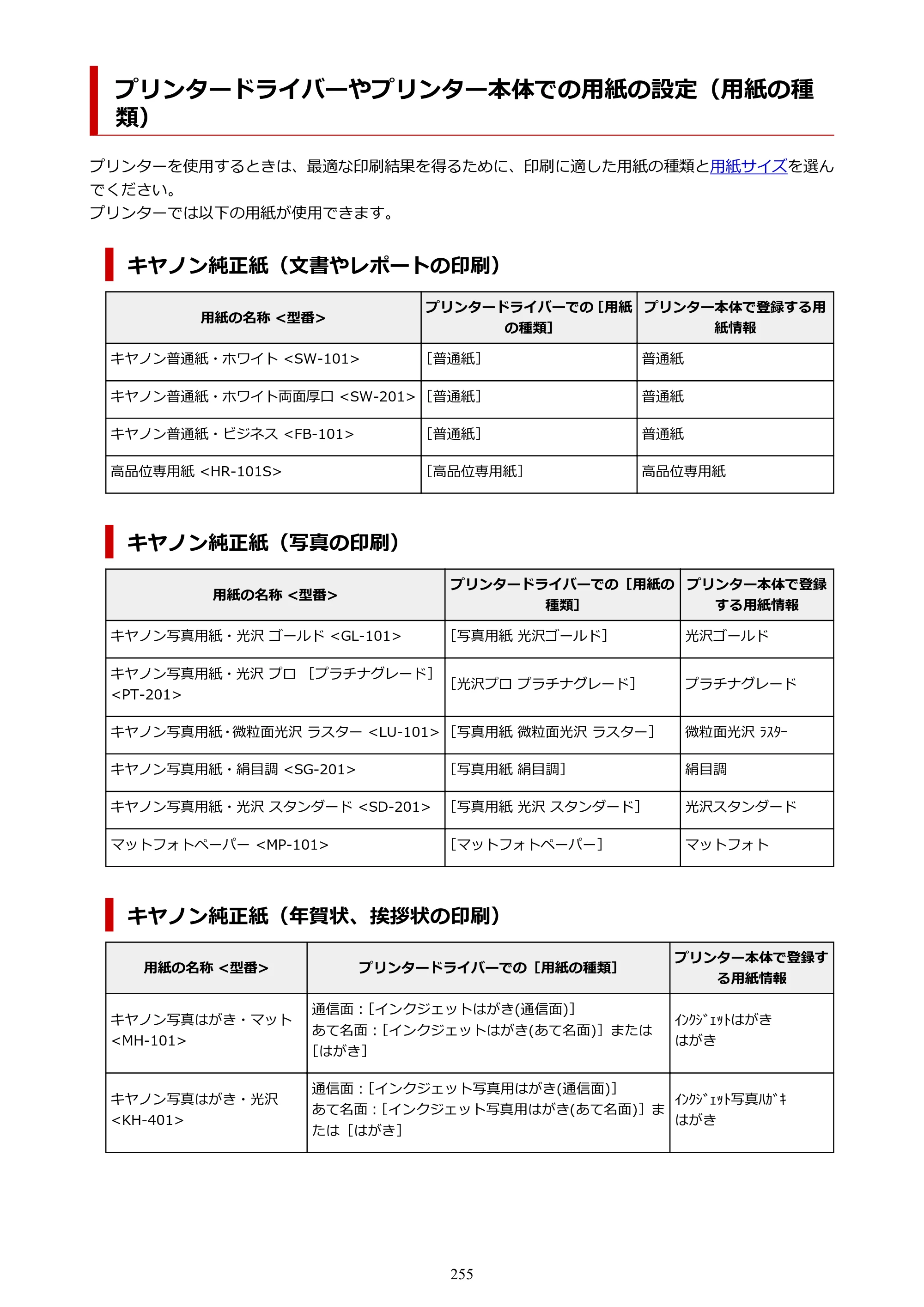 キヤノン PIXUS TS8330 オンラインマニュアル PDF版（Windows版） — プリンタードライバーやプリンター本体での用紙の設定（用紙の種類） — 原本ページ — 255ページ