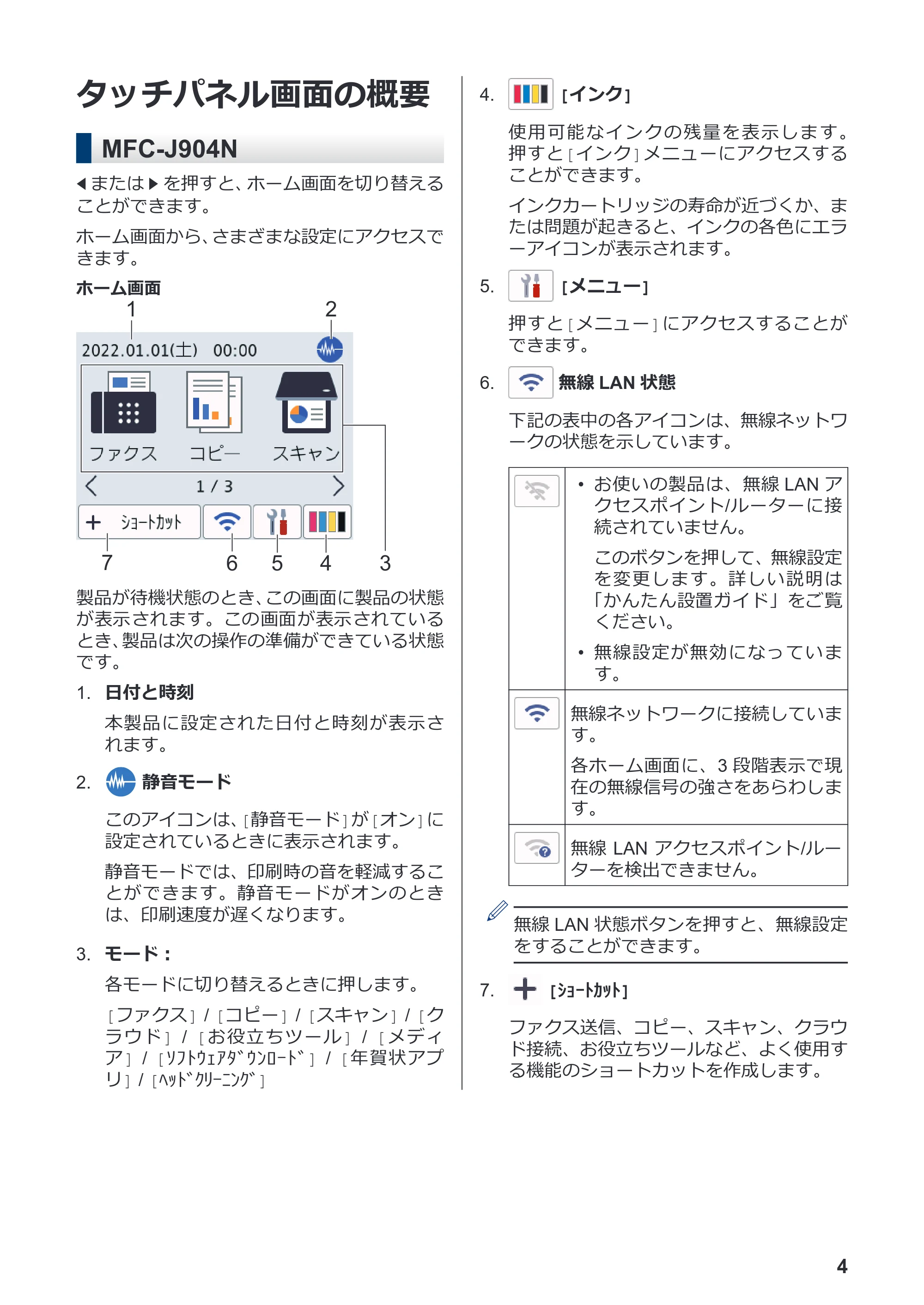 ブラザー DCP-J526N / DCP-J914N / DCP-J926N-B/W かんたん操作ガイド — タッチパネル画面の概要 — 原本ページ — 5ページ