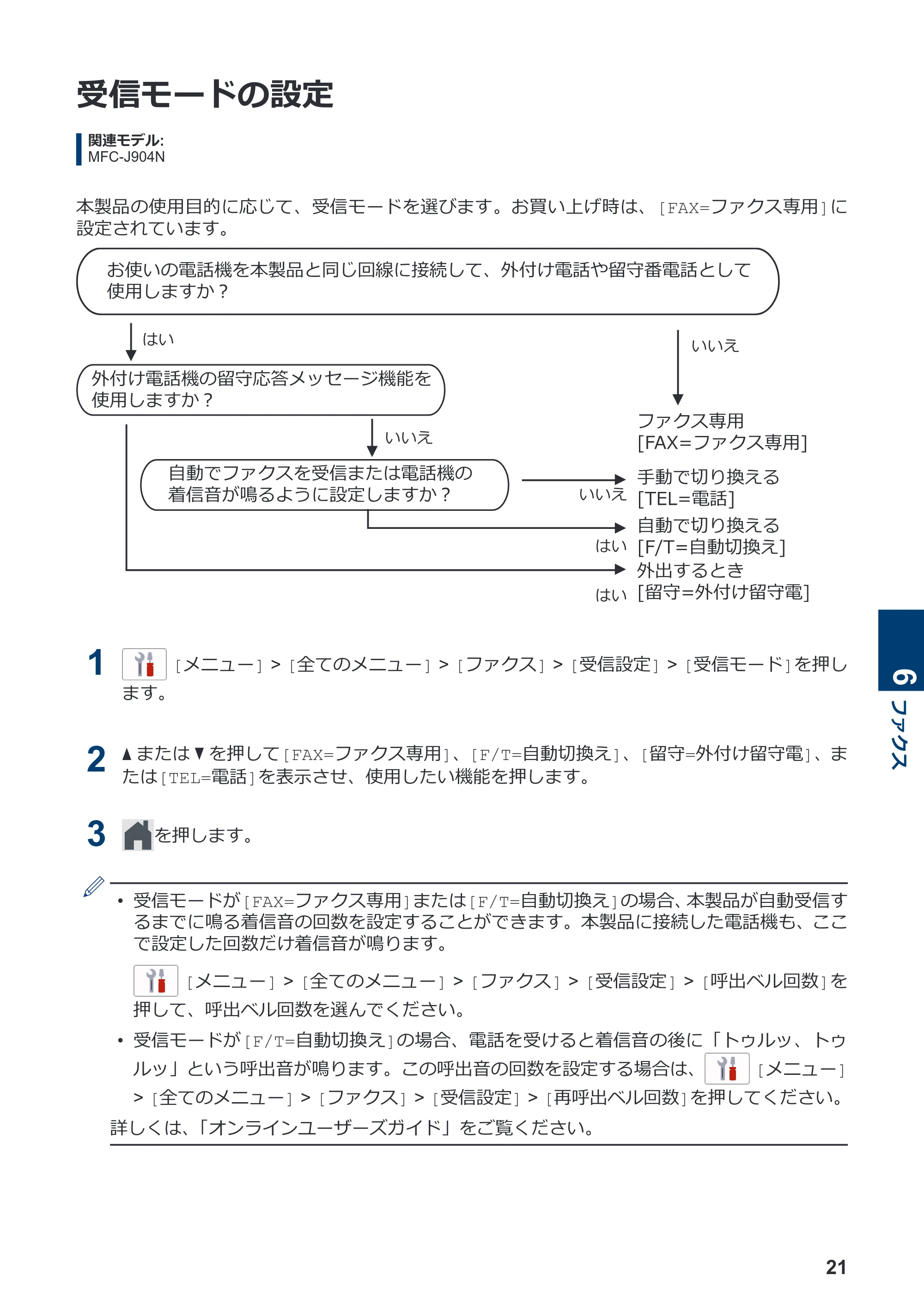 ブラザー DCP-J526N / DCP-J914N / DCP-J926N-B/W かんたん操作ガイド — 受信モードの設定 — 原本ページ — 22ページ