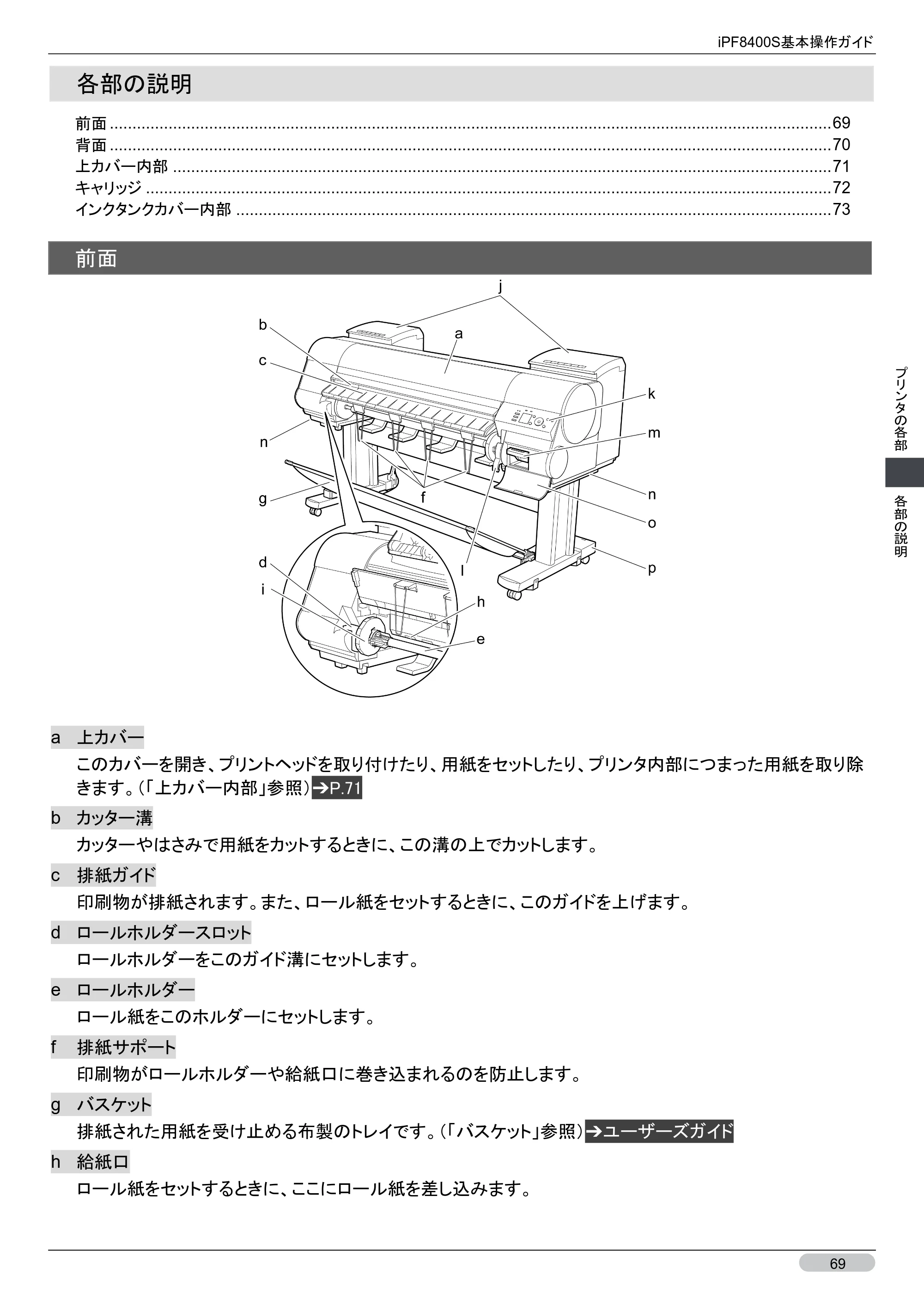 キヤノン iPF8400S 基本操作ガイド （PDF形式／13.84Mバイト） — 各部の説明 — 原本ページ — 69ページ