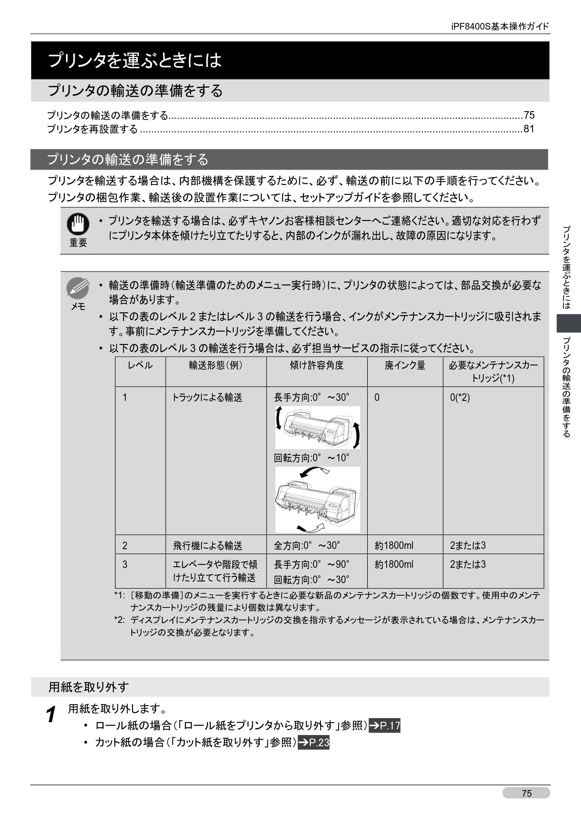キヤノン iPF8400S 基本操作ガイド （PDF形式／13.84Mバイト） — プリンタの輸送の準備をする — 原本ページ — 75ページ