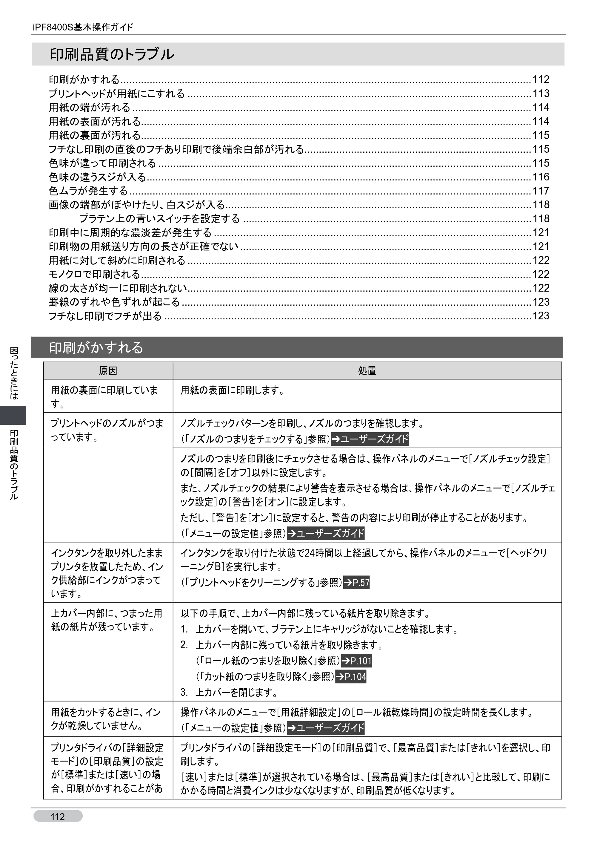 キヤノン iPF8400S 基本操作ガイド （PDF形式／13.84Mバイト） — 印刷品質のトラブル — 原本ページ — 112ページ