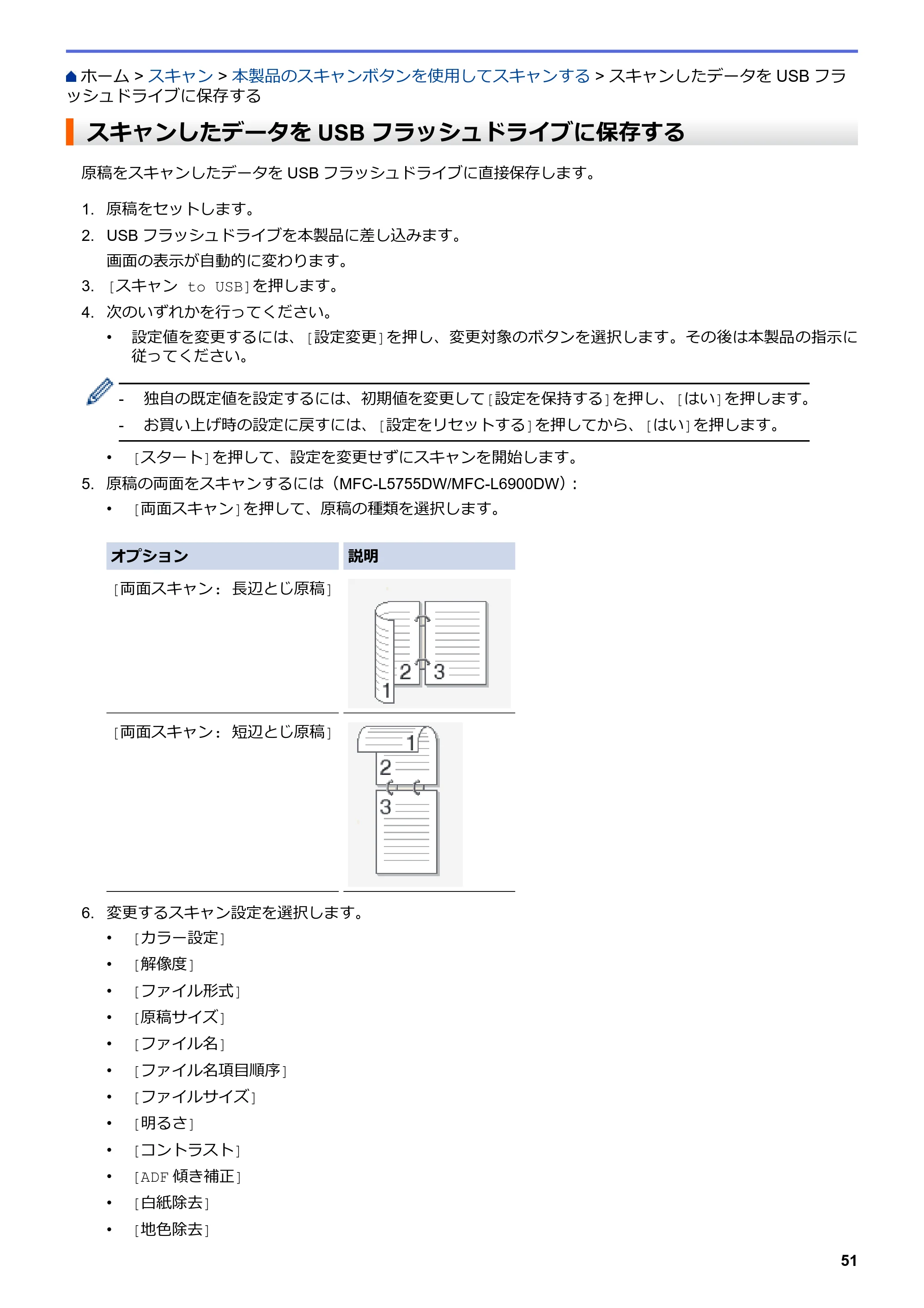ブラザー MFC-L6900DW / MFC-L5755DW ユーザーズガイド(印刷用) ~パソコン活用&ネットワーク~ — スキャンしたデータをUSBフラッシュドライブに保存する — 原本ページ — 52ページ