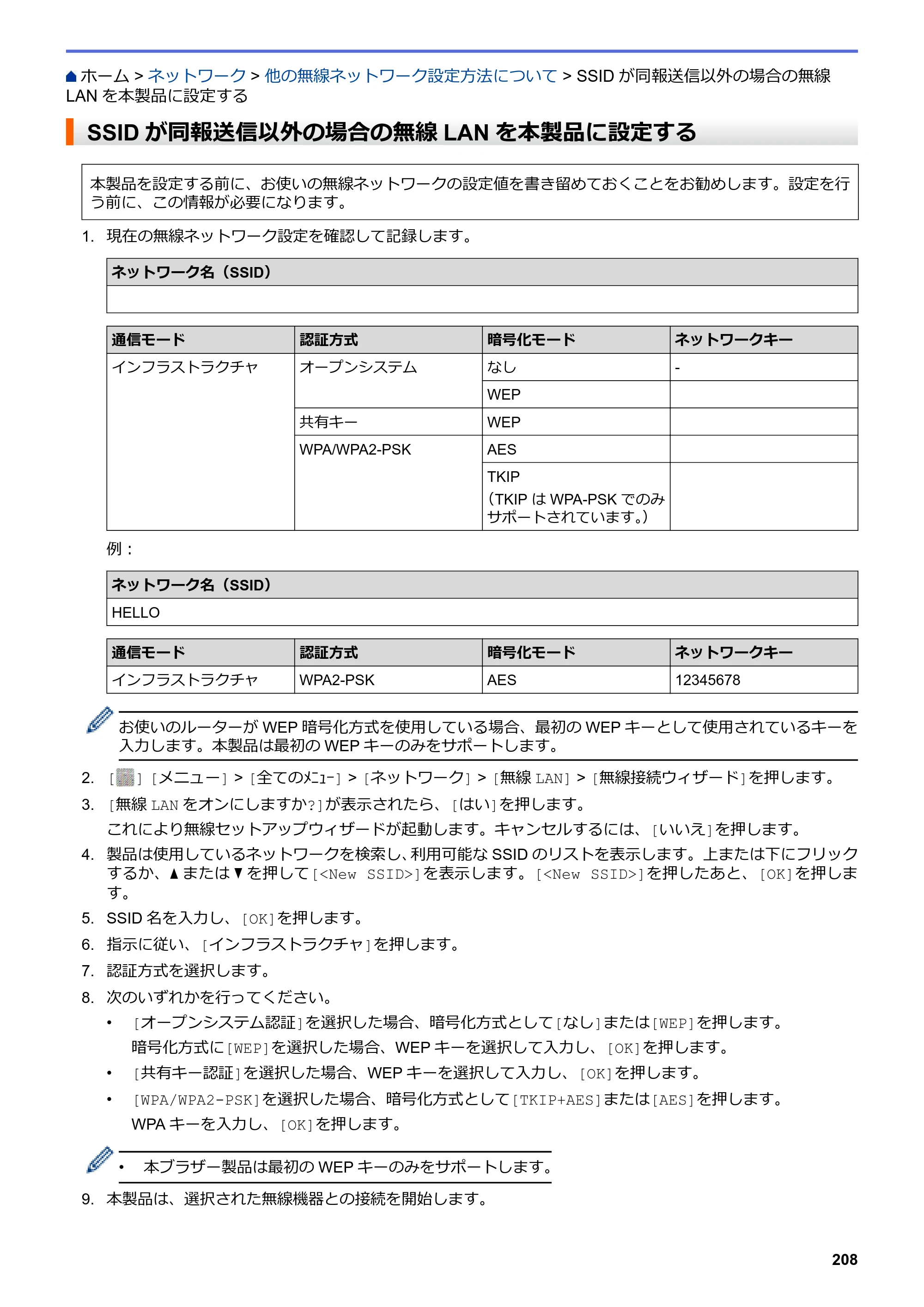 ブラザー MFC-L6900DW / MFC-L5755DW ユーザーズガイド（印刷用） ～パソコン活用＆ネットワーク～ — SSIDが同報送信以外の場合の無線LANを本製品に設定する — 原本ページ — 209ページ