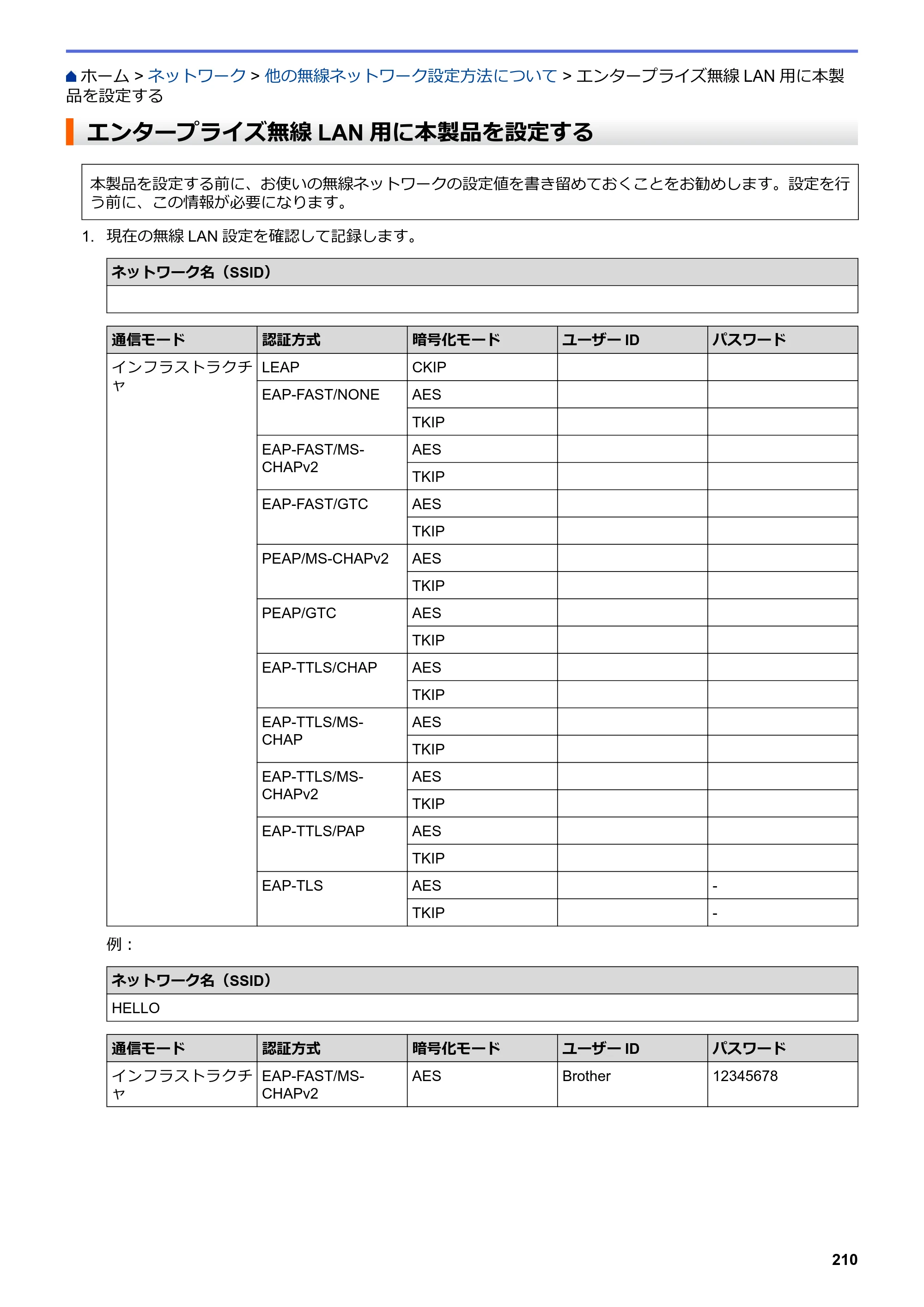 ブラザー MFC-L6900DW / MFC-L5755DW ユーザーズガイド（印刷用） ～パソコン活用＆ネットワーク～ — エンタープライズ無線LAN用に本製品を設定する — 原本ページ — 211ページ