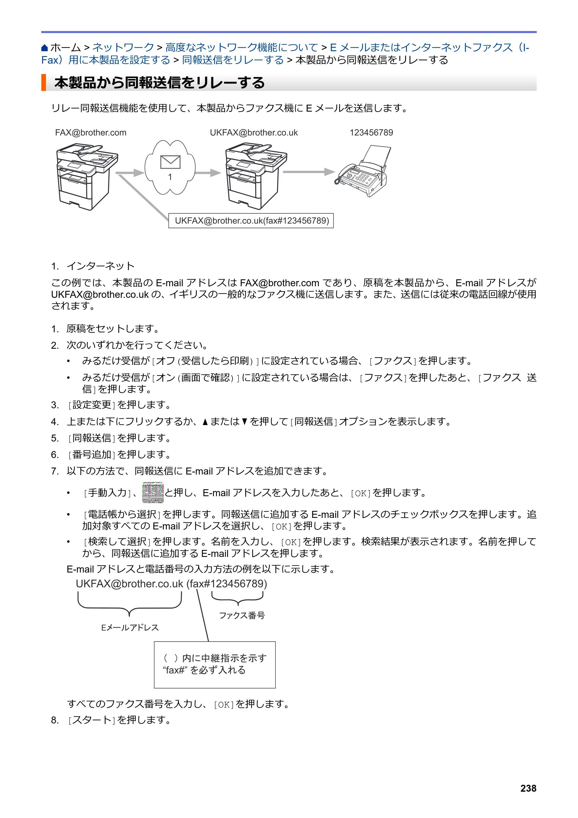 ブラザー MFC-L6900DW / MFC-L5755DW ユーザーズガイド（印刷用） ～パソコン活用＆ネットワーク～ — 本製品から同報送信をリレーする — 原本ページ — 239ページ