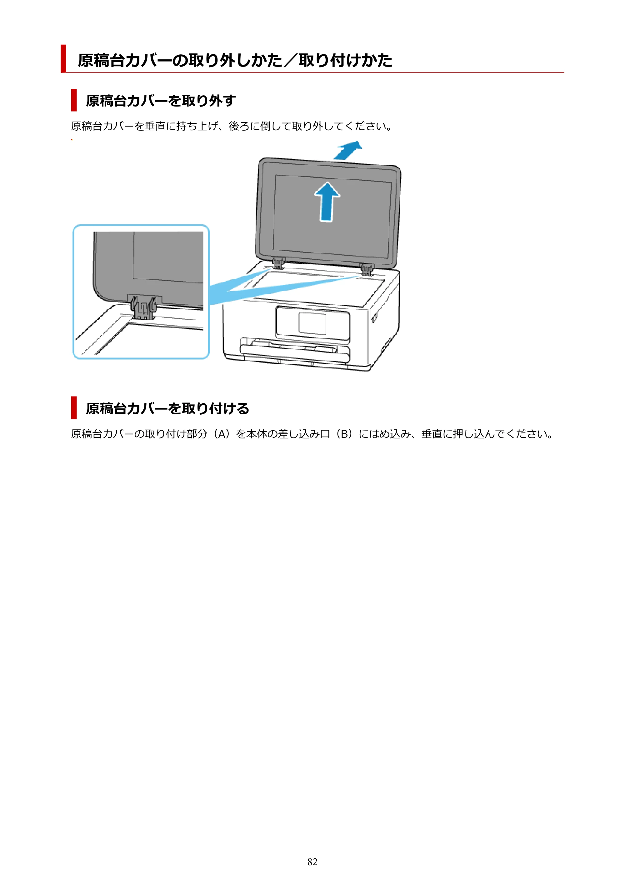 キヤノン PIXUS TS6630 TS6630 (PDF) オンラインマニュアル 取扱説明書 2026年3月19日掲載（PDF：5.3MB） — 原稿台カバーの取り外しかた／取り付けかた — 原本ページ — 82ページ