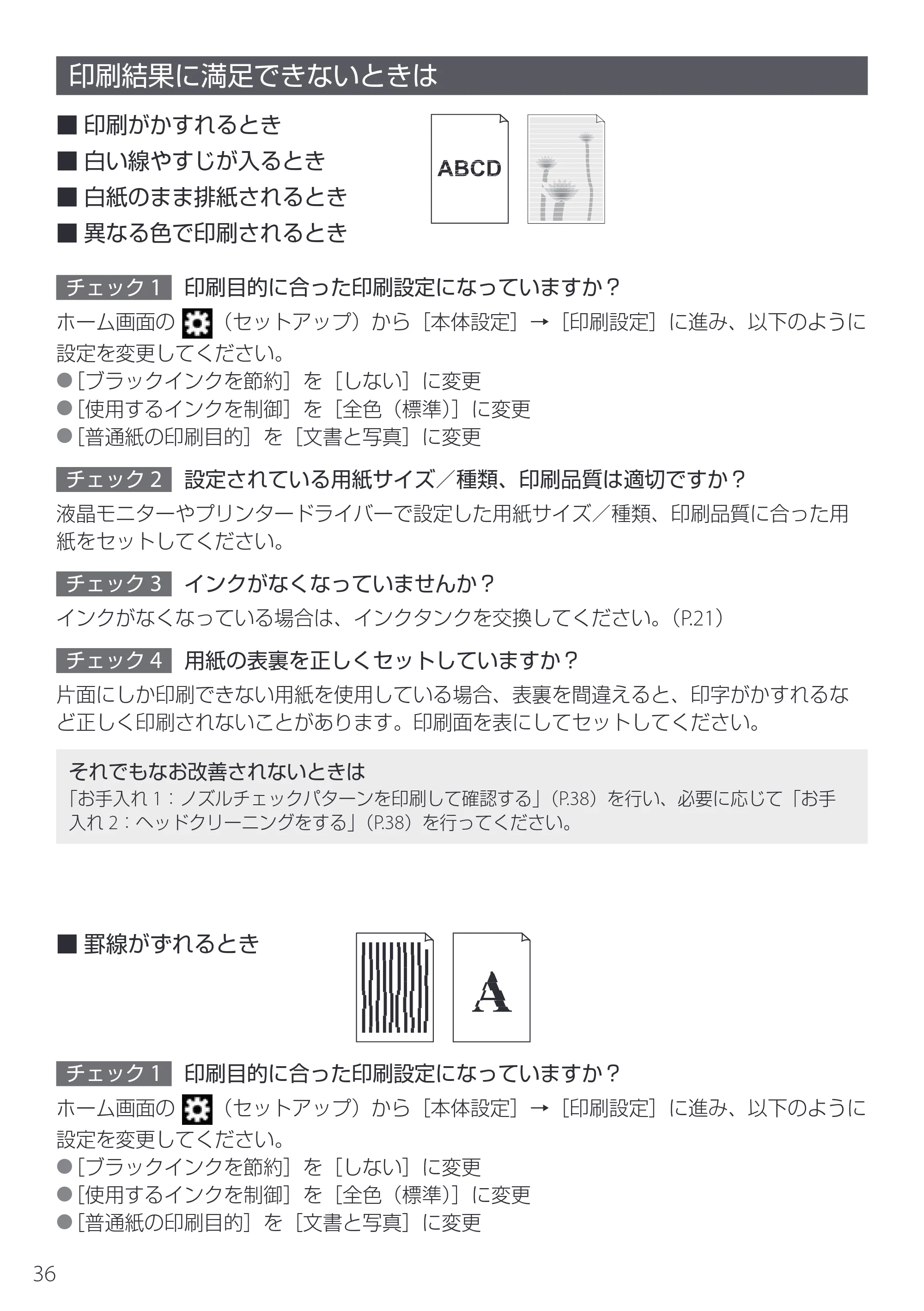 キヤノン TR163 設置・基本操作マニュアル 2025年3月11日掲載(PDF:5.0MB) — 印刷結果に満足できないときは — 原本ページ — 38ページ