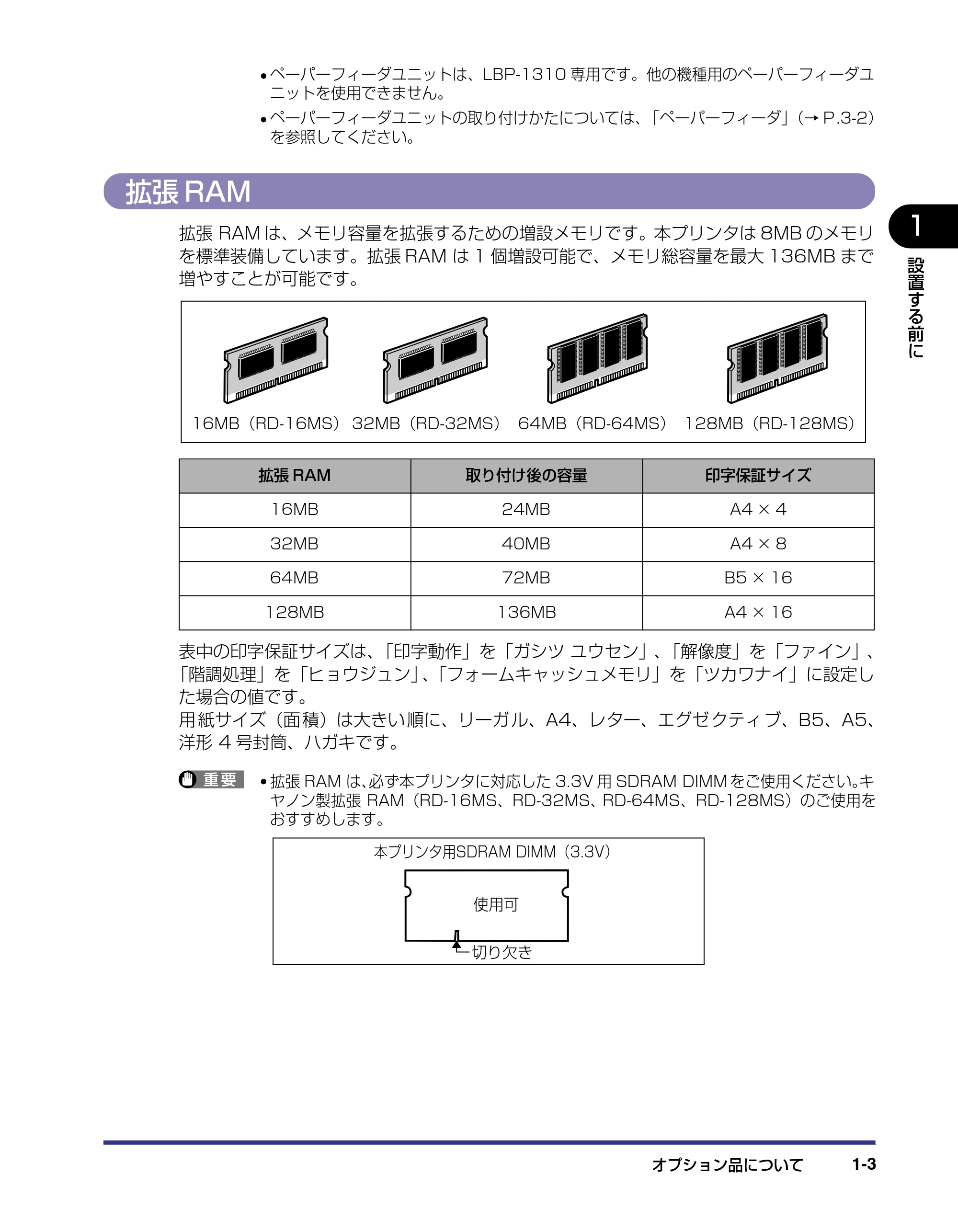 キヤノン LBP-1310 設置ガイド 2006年5月25日更新 （PDF形式／2.46Mバイト） — 拡張RAM — 原本ページ — 17ページ