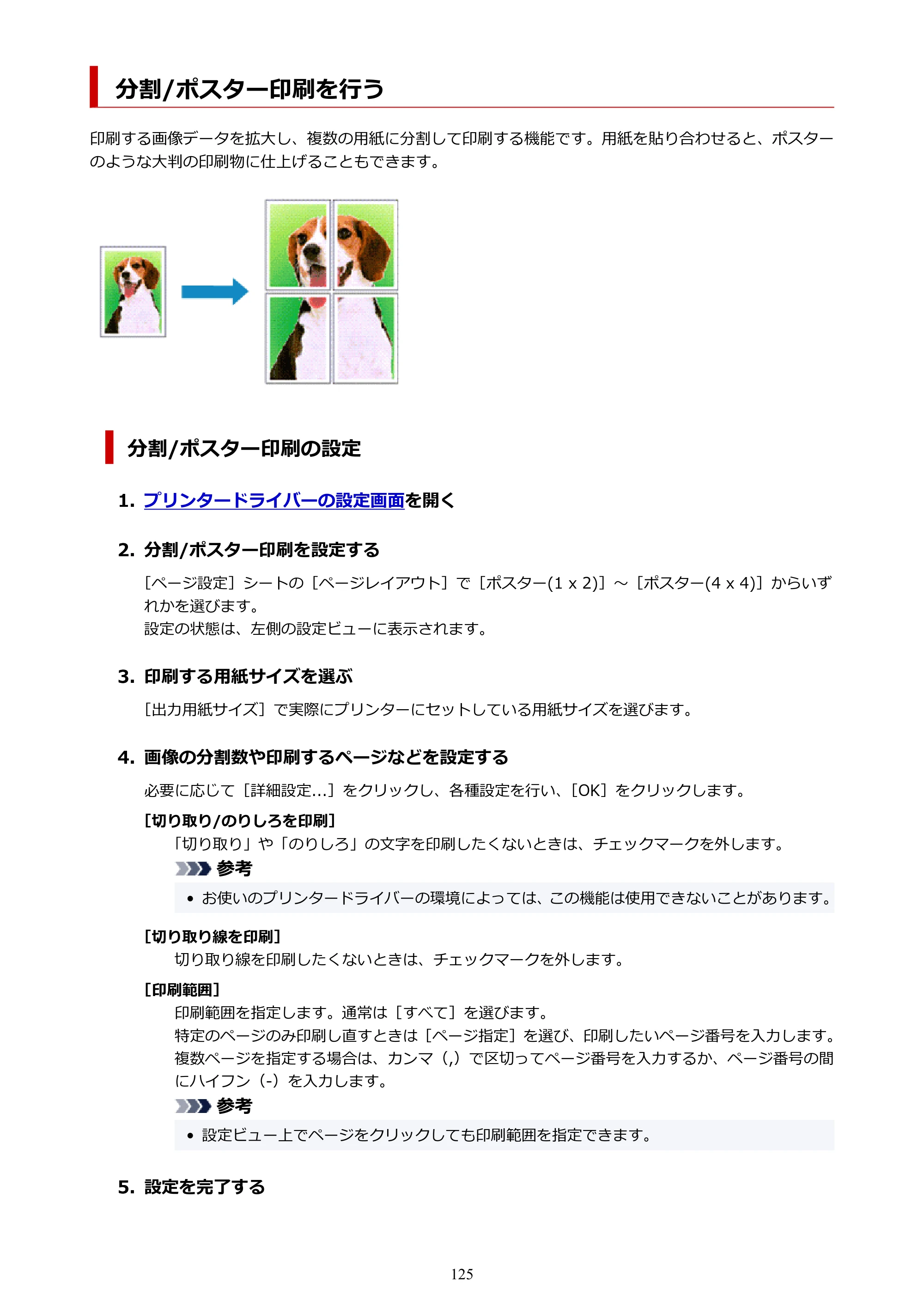 キヤノン imagePROGRAF PRO-G2 PRO-G2 （PDF） オンラインマニュアル 取扱説明書 （Windows） 2026年4月30日掲載（PDF：5.7MB） — 分割/ポスター印刷を行う — 原本ページ — 125ページ