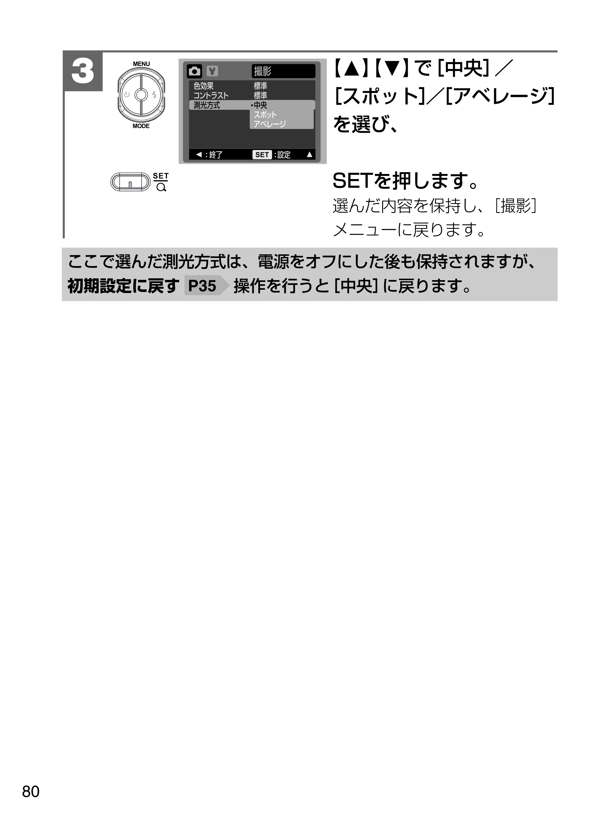 日立 HDC-W902 取扱説明書 — 中央 スポット アベレージ 3 【M】 【N】で［中央］／ ［スポット］／［アベレージ］ を選び、 — 原本ページ — 80ページ