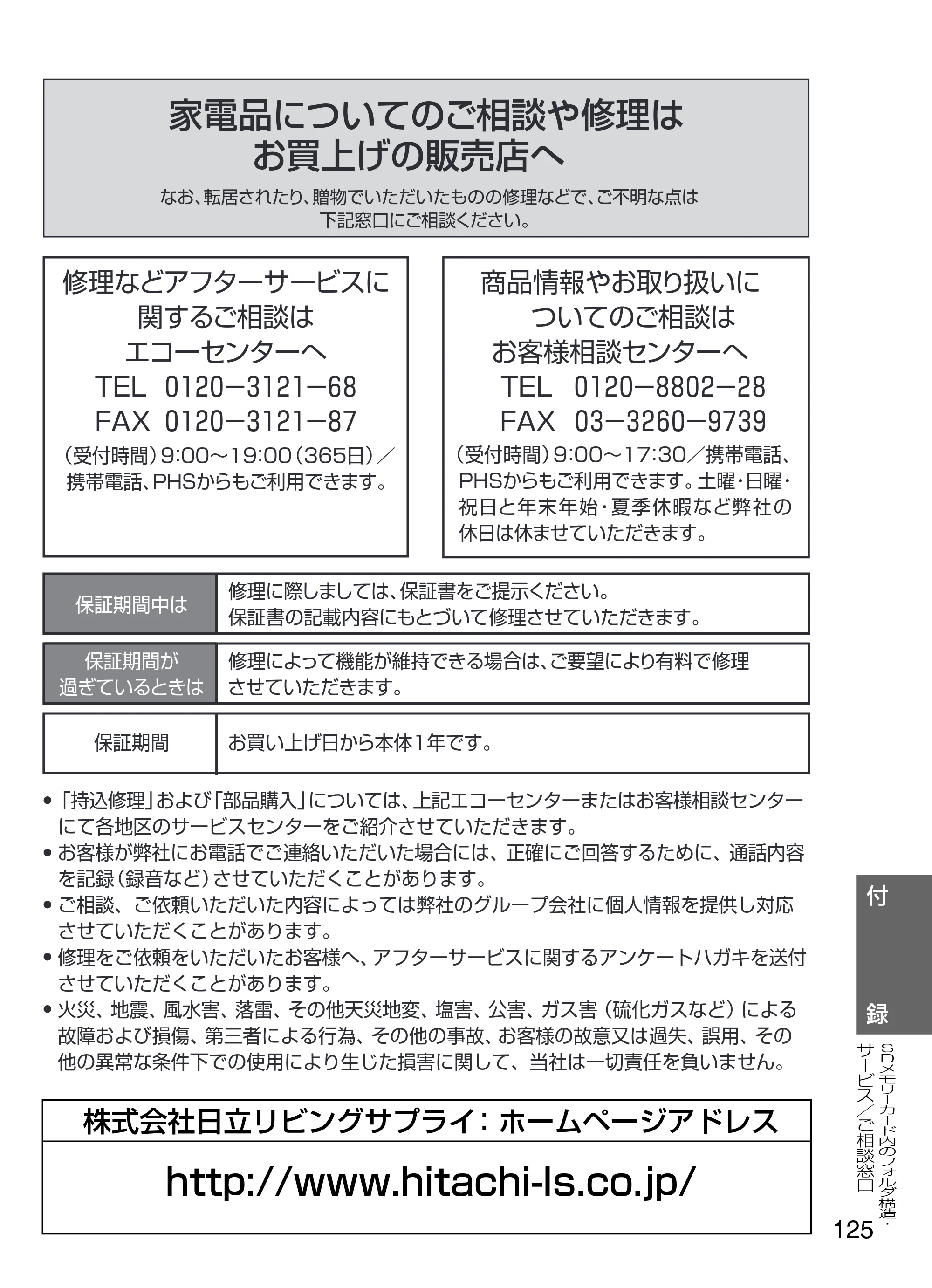 日立 HDC-W902 取扱説明書 — 家電品についてのご相談や修理は お買上げの販売店へ — 原本ページ — 125ページ