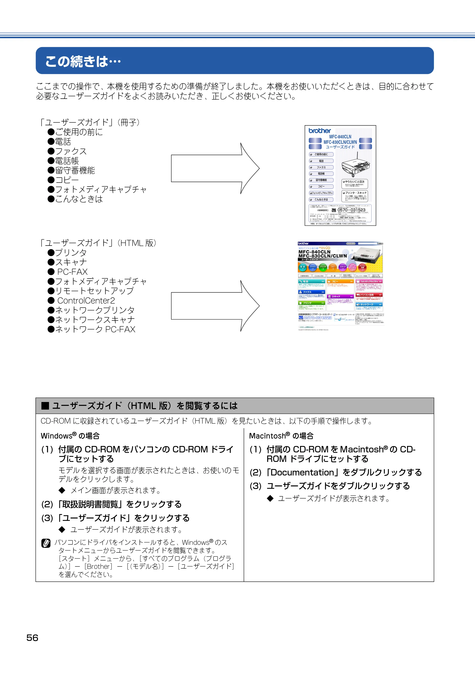 ブラザー MFC-830CLN / MFC-830CLWN / MFC-840CLN かんたん設置ガイド — この続きは… — 原本ページ — 57ページ