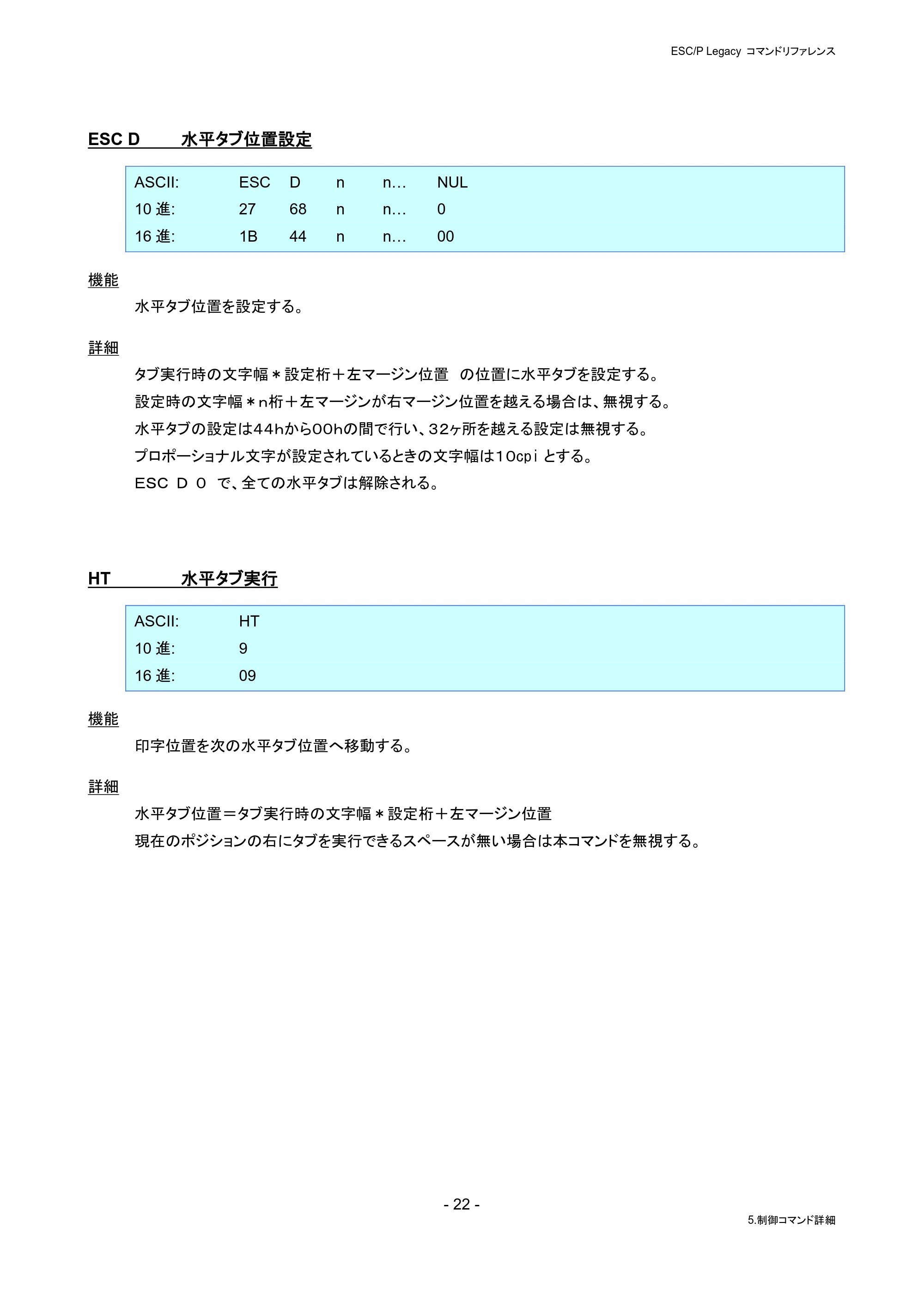 ブラザー PJ-823 / PJ-863 / PJ-883 ESC/ P Legacy コマンドリファレンス — ESC D 水平タブ位置設定 — 原本ページ — 28ページ